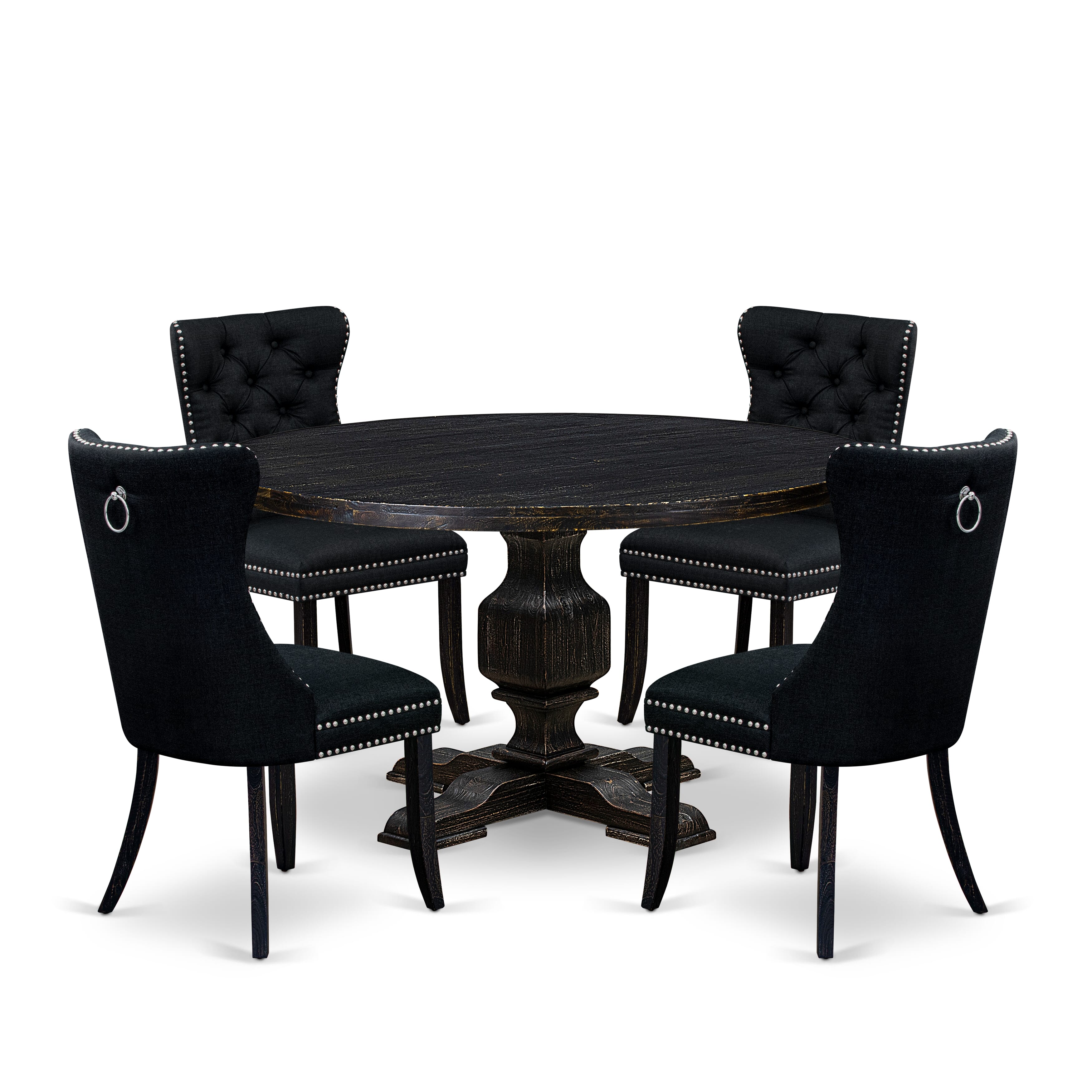 Luxe by East West Furniture I3DA5-511-24 5 Piece Dining Room Set for 4 Includes a 54" Round Table with Pedestal and 4 Black Linen Fabric Parson Chairs, Sand Blasted Black