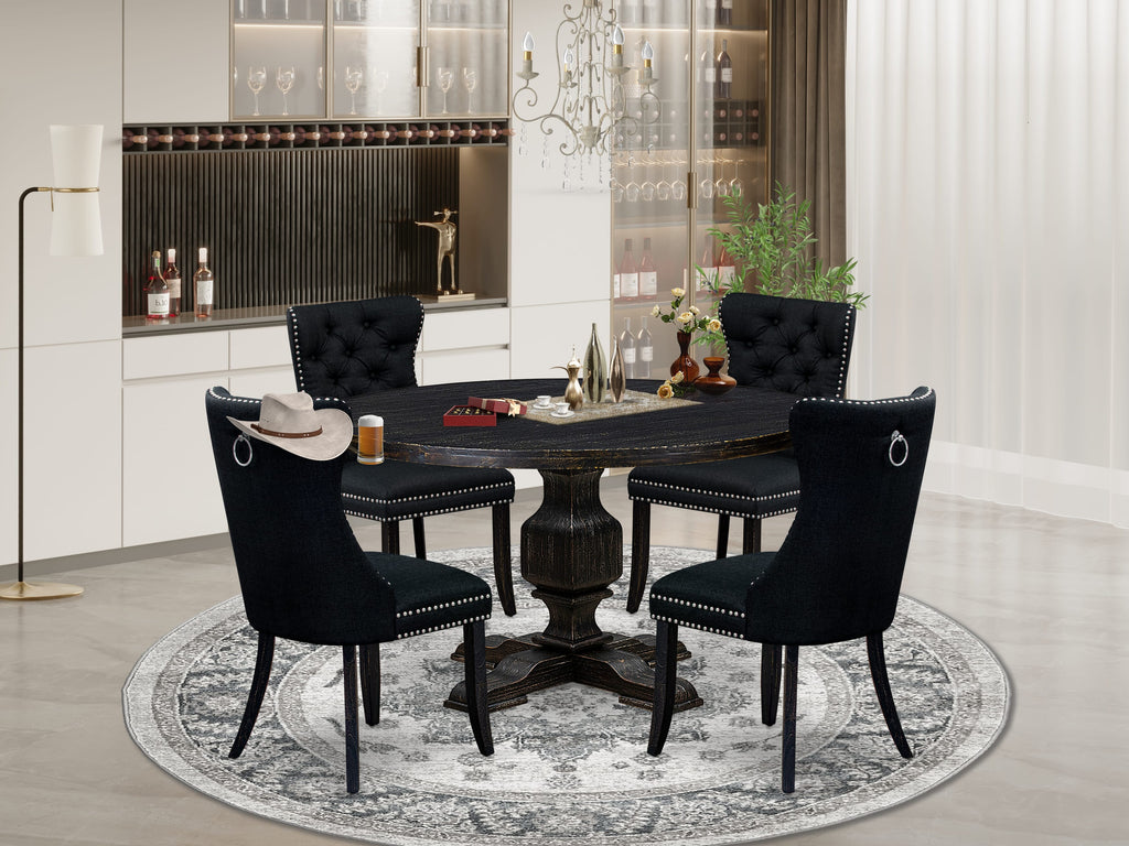 Luxe by East West Furniture I3DA5-511-24 5 Piece Dining Room Set for 4 Includes a 54" Round Table with Pedestal and 4 Black Linen Fabric Parson Chairs, Sand Blasted Black