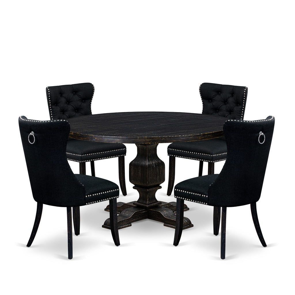 Luxe by East West Furniture I3DA5-511-24 5 Piece Dining Room Set for 4 Includes a 54" Round Table with Pedestal and 4 Black Linen Fabric Parson Chairs, Sand Blasted Black