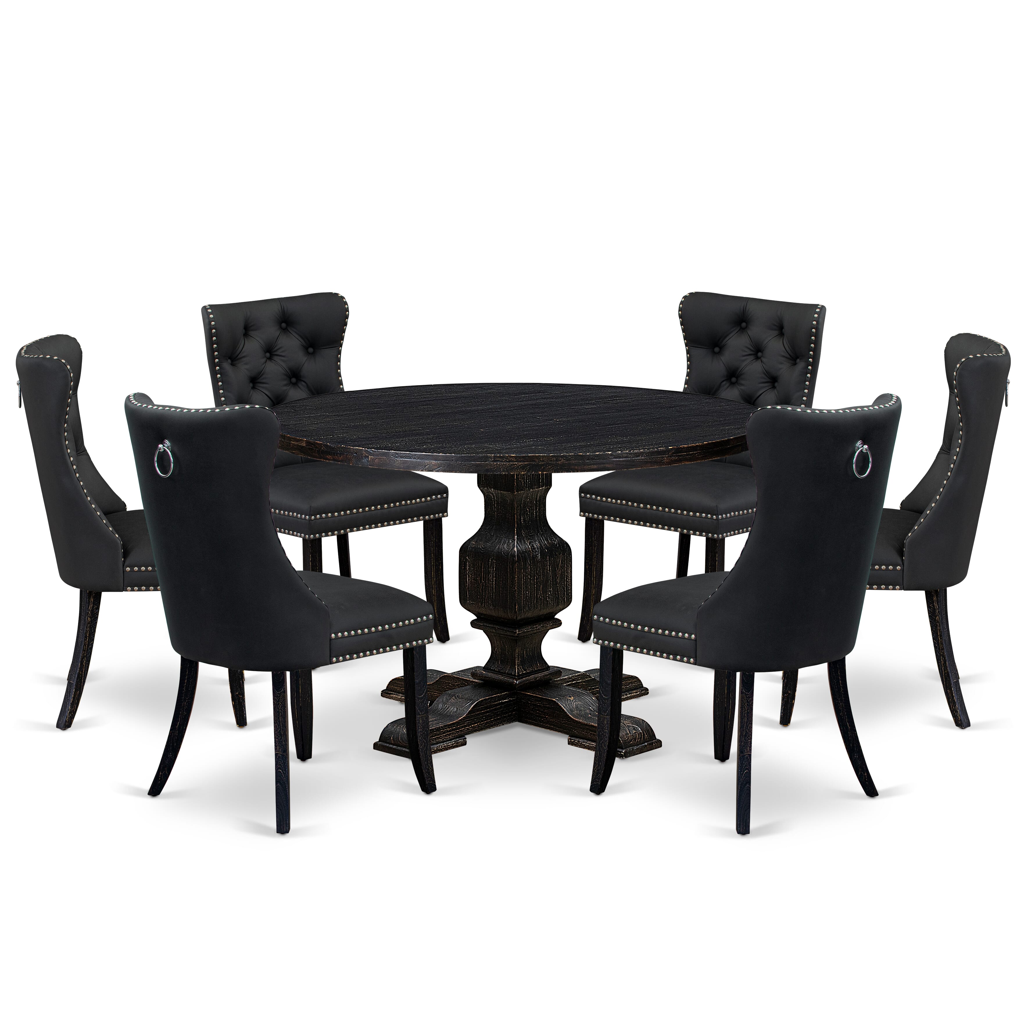 Luxe by East West Furniture I3DA7-411-12 7-Piece Dining Room Set with Faux Leather 6 Dark Gray Dining chairs, Button-Tufted Backs, and a 48"Round Table in Sand Blasted Black Finish.