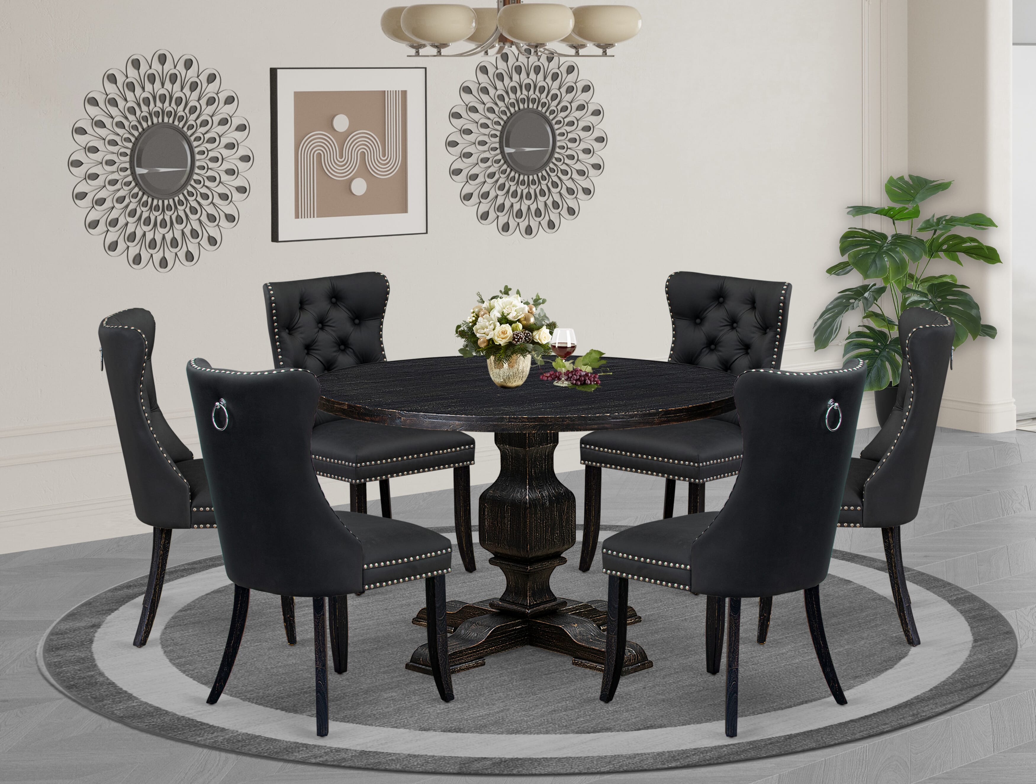Luxe by East West Furniture I3DA7-411-12 7-Piece Dining Room Set with Faux Leather 6 Dark Gray Dining chairs, Button-Tufted Backs, and a 48"Round Table in Sand Blasted Black Finish.