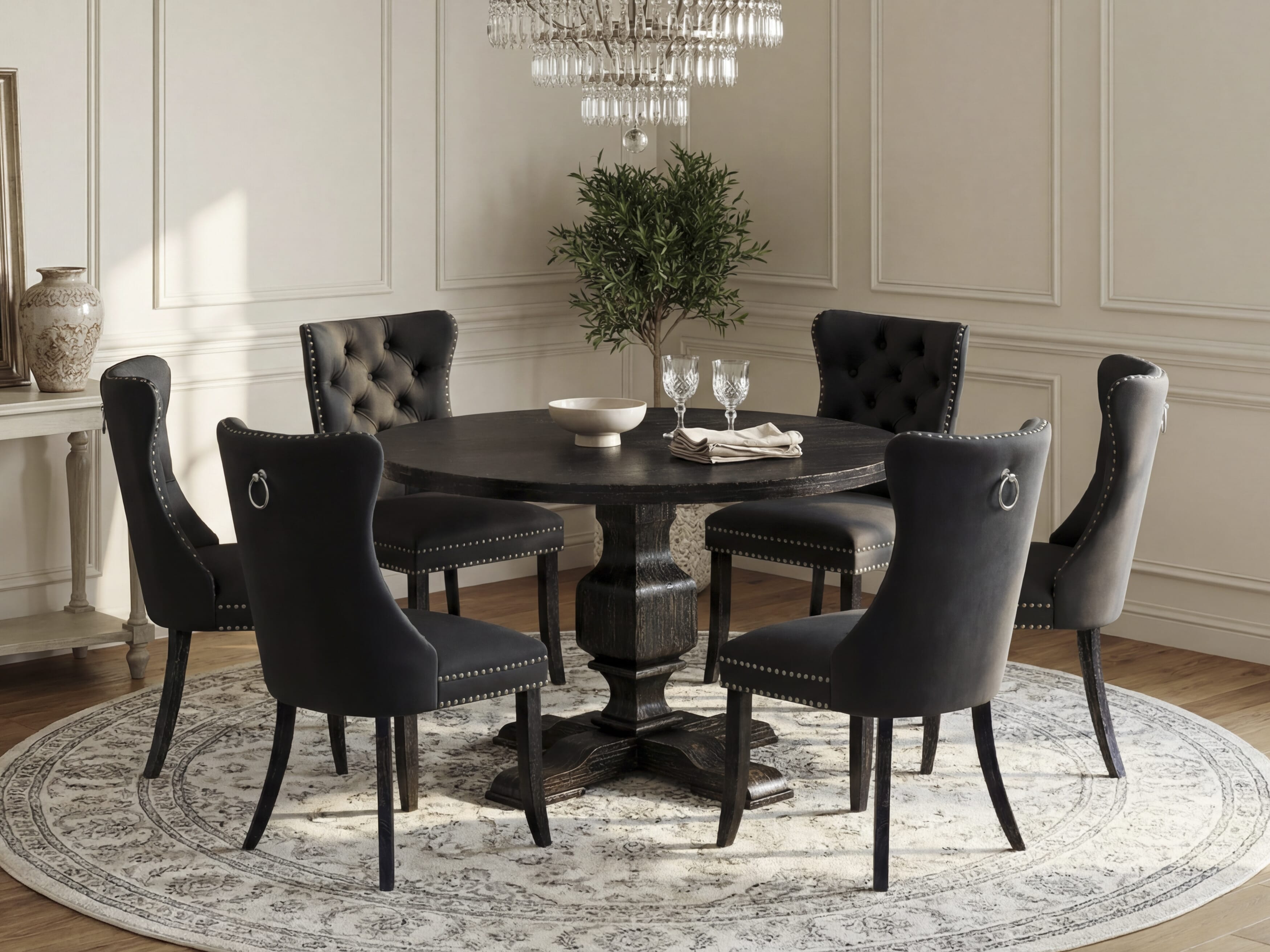 Luxe by East West Furniture I3DA7-411-12 7-Piece Dining Room Set with Faux Leather 6 Dark Gray Dining chairs, Button-Tufted Backs, and a 48"Round Table in Sand Blasted Black Finish.