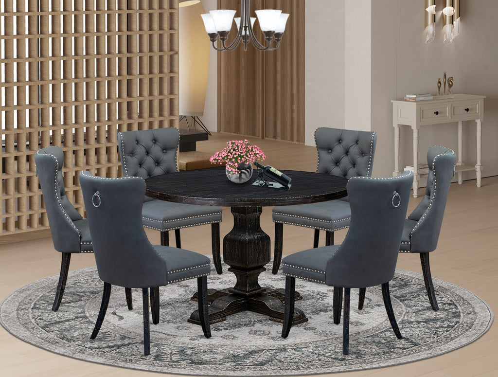 Luxe by East West Furniture I3DA7-411-13 7-piece Modern Dining Table Set with Faux Leather 6 Platinum Gray parson dining chairs, Button-Tufted Backs, and a 48"Round Table in Sand Blasted Black Finish.