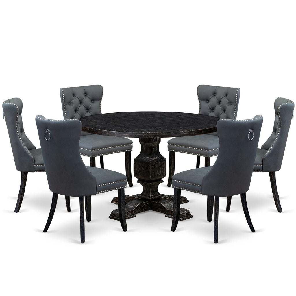 Luxe by East West Furniture I3DA7-411-13 7-piece Modern Dining Table Set with Faux Leather 6 Platinum Gray parson dining chairs, Button-Tufted Backs, and a 48"Round Table in Sand Blasted Black Finish.