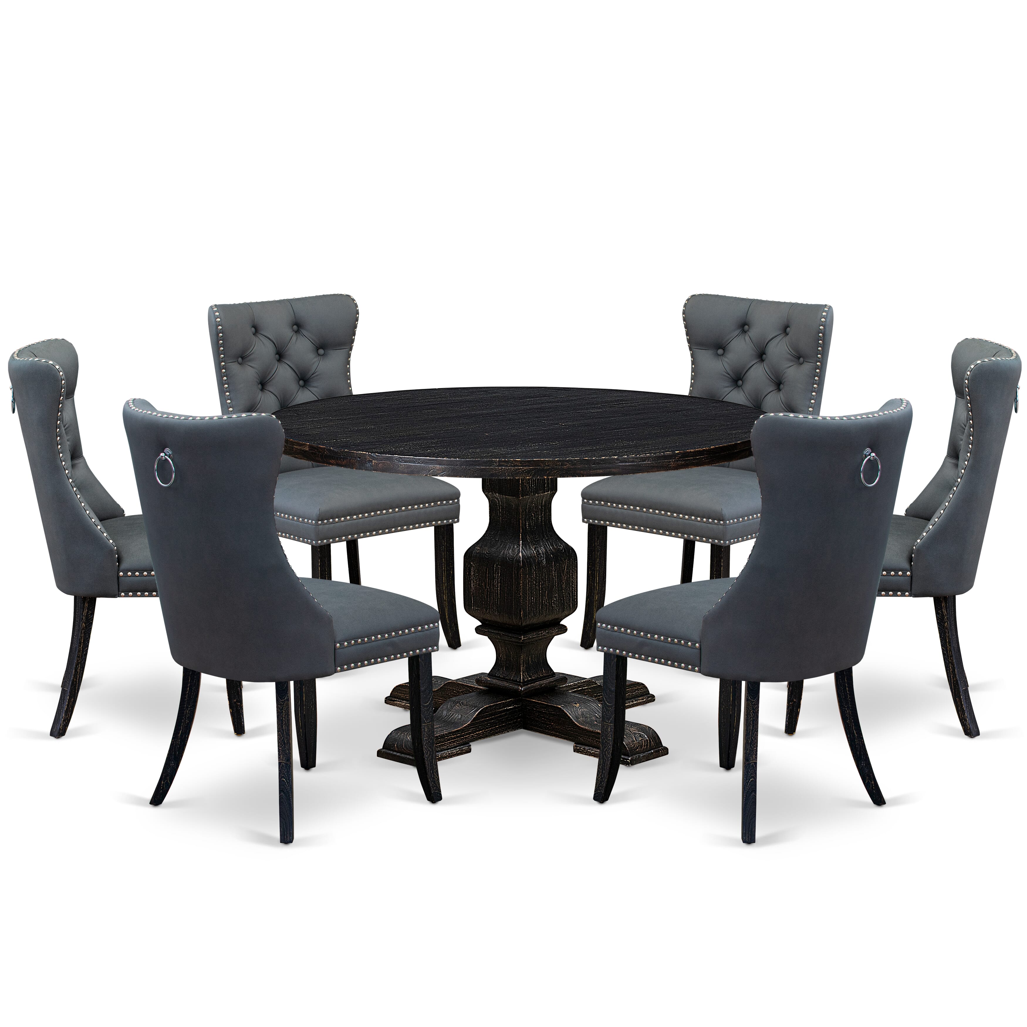 Luxe by East West Furniture I3DA7-411-13 7-piece Modern Dining Table Set with Faux Leather 6 Platinum Gray parson dining chairs, Button-Tufted Backs, and a 48"Round Table in Sand Blasted Black Finish.