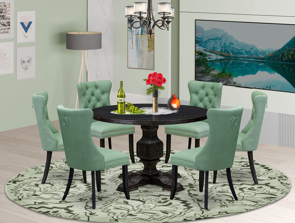 Luxe by East West Furniture I3DA7-411-22 7 Piece Dinette Set Includes a 48" Round Table with Pedestal and 6 Willow Green Faux Leather Upholstered Chairs, Sand Blasted Black