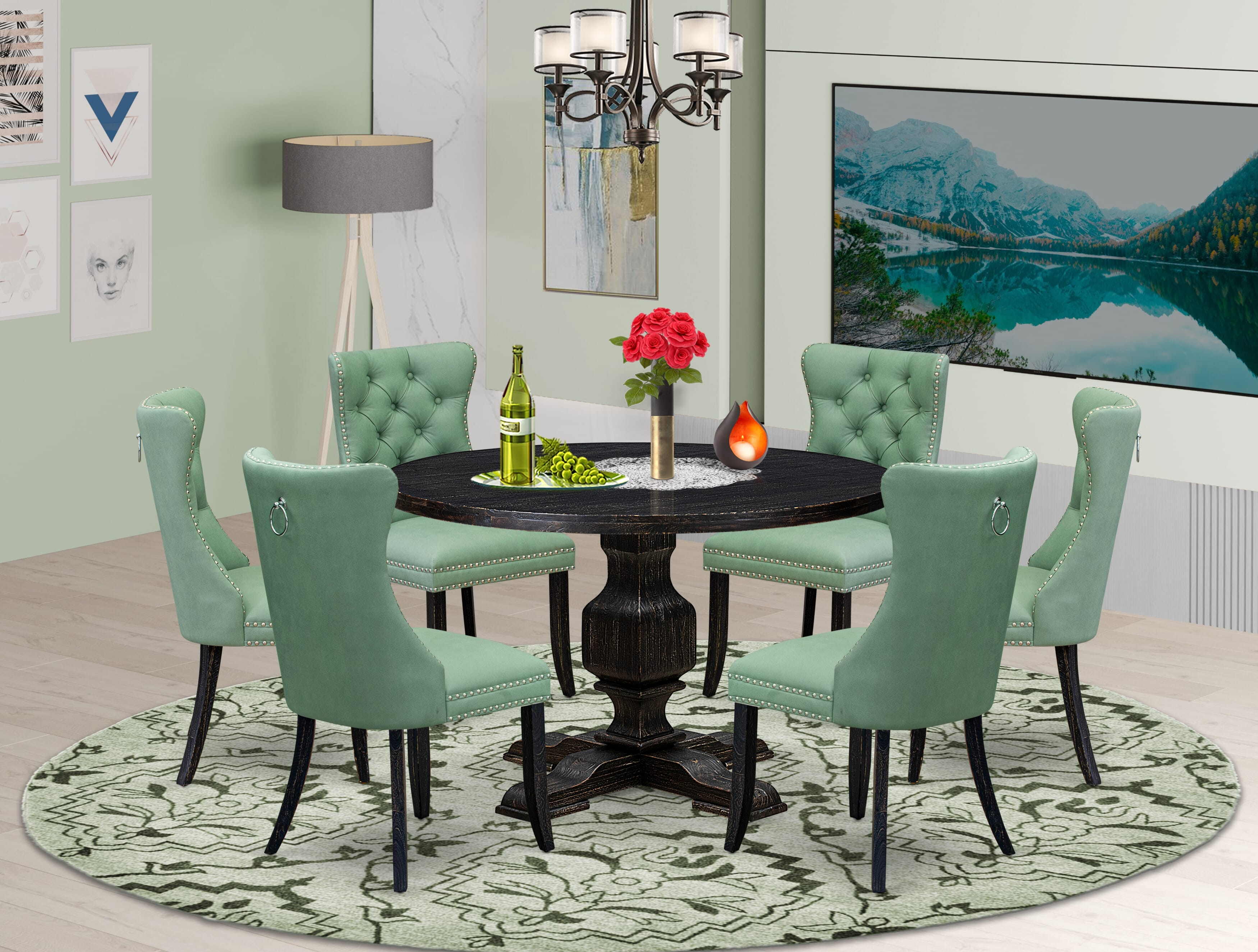 Luxe by East West Furniture I3DA7-411-22 7 Piece Dinette Set Includes a 48" Round Table with Pedestal and 6 Willow Green Faux Leather Upholstered Chairs, Sand Blasted Black