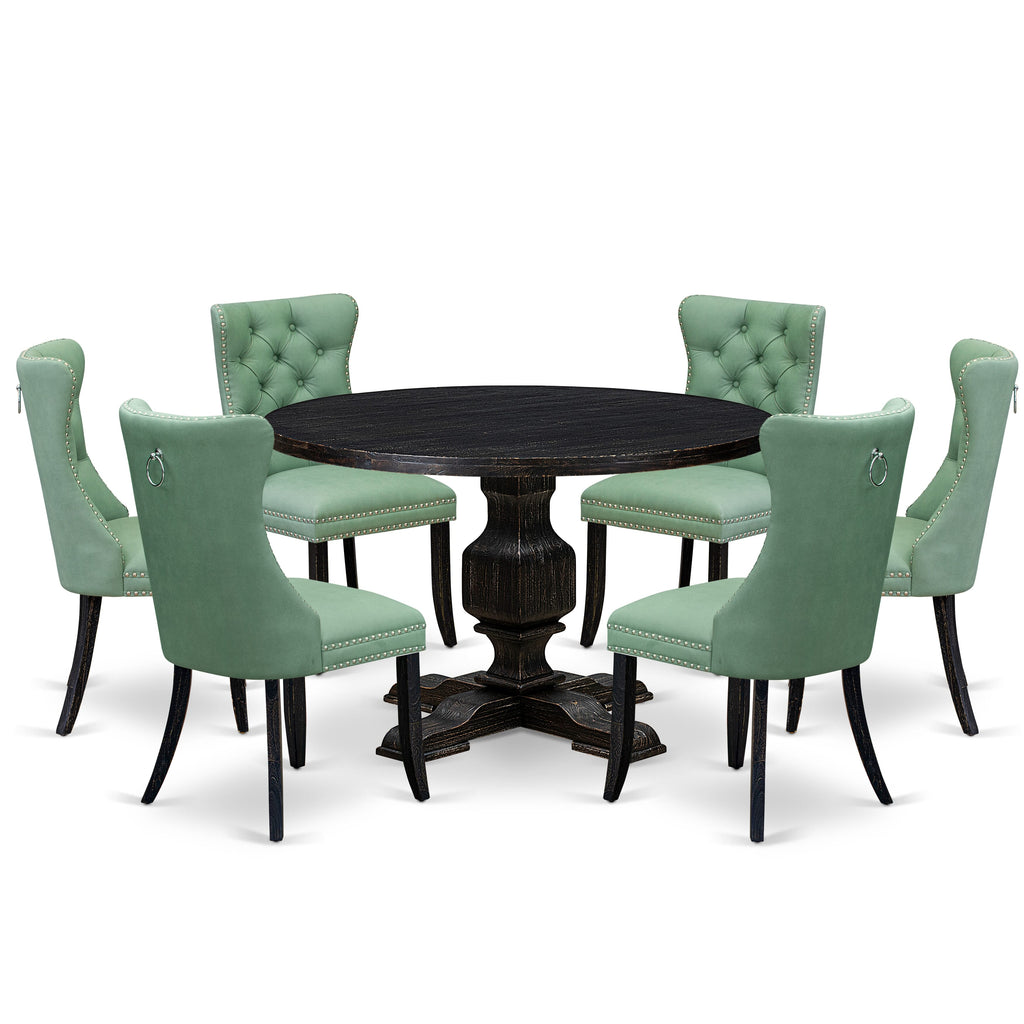 Luxe by East West Furniture I3DA7-411-22 7 Piece Dinette Set Includes a 48" Round Table with Pedestal and 6 Willow Green Faux Leather Upholstered Chairs, Sand Blasted Black
