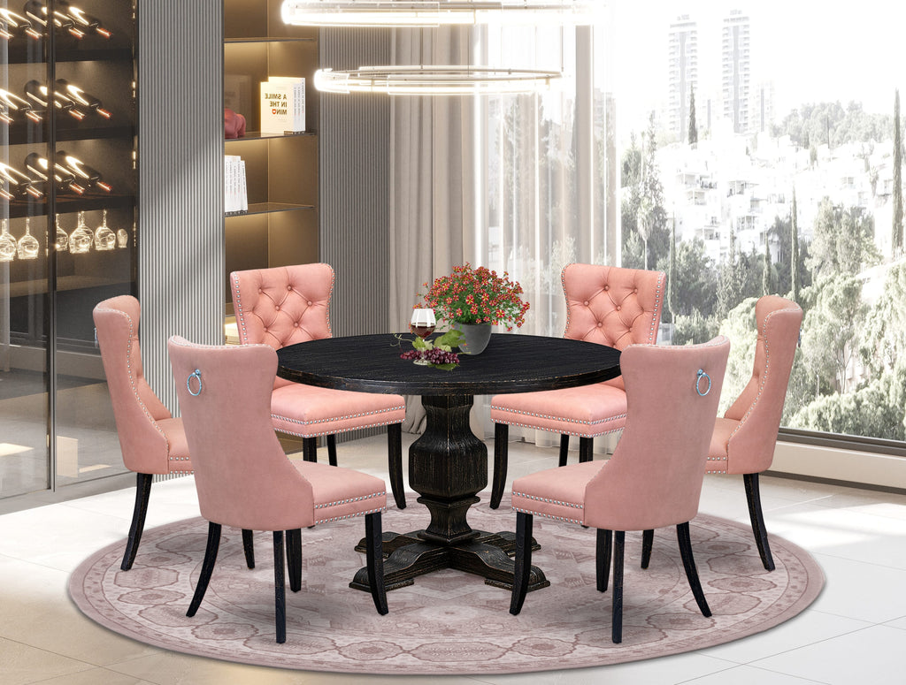 Luxe by East West Furniture I3DA7-411-23 7 Piece Dining Set Includes a 48" Round Kitchen Table with Pedestal and 6 Beige Red Faux Leather Parson Chairs, Sand Blasted Black