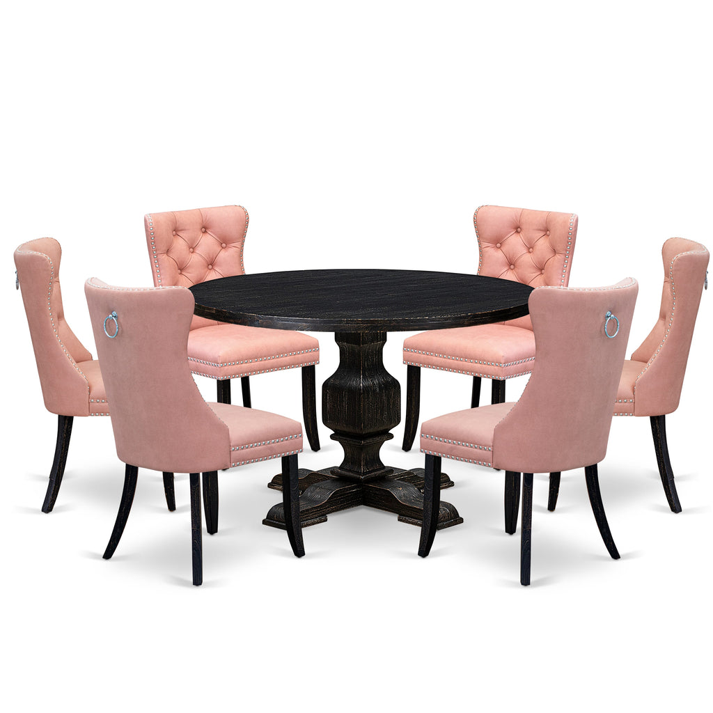 Luxe by East West Furniture I3DA7-411-23 7 Piece Dining Set Includes a 48" Round Kitchen Table with Pedestal and 6 Beige Red Faux Leather Parson Chairs, Sand Blasted Black