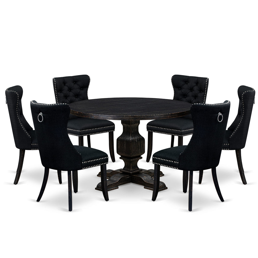 Luxe by East West Furniture I3DA7-411-24 7 Piece Kitchen Table Set Contains a 48" Round Table with Pedestal and 6 Black Linen Fabric Upholstered Chairs, Sand Blasted Black