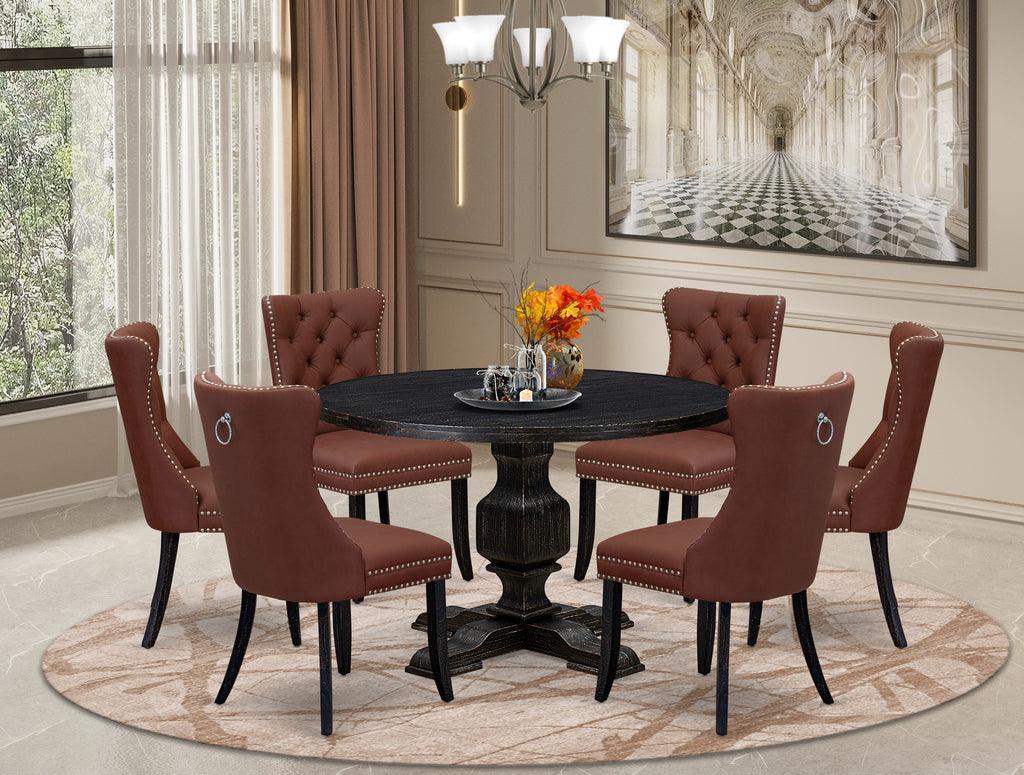Luxe by East West Furniture I3DA7-411-26 7 Piece Dining Table Set Includes a 48" Round Table with Pedestal and 6 Burgandy Faux Leather Upholstered Chairs, Sand Blasted Black