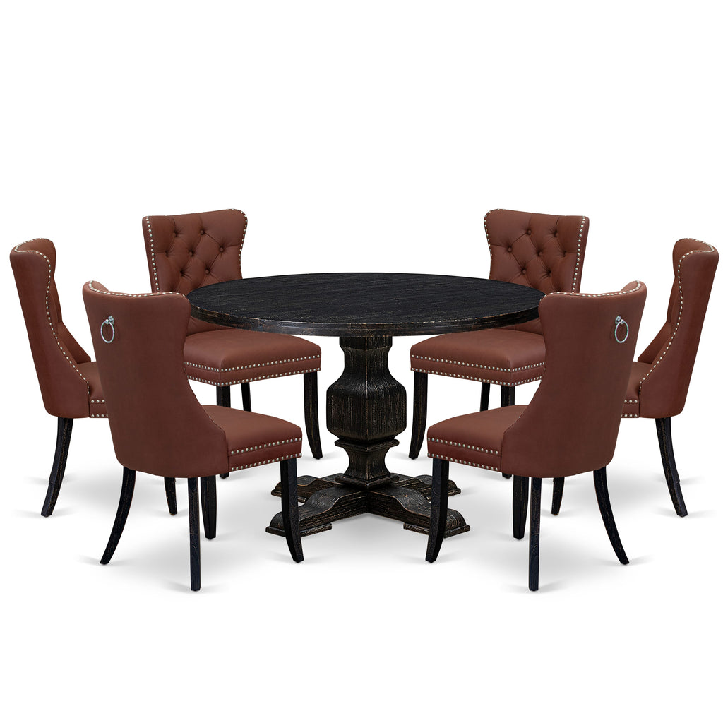 Luxe by East West Furniture I3DA7-411-26 7 Piece Dining Table Set Includes a 48" Round Table with Pedestal and 6 Burgandy Faux Leather Upholstered Chairs, Sand Blasted Black