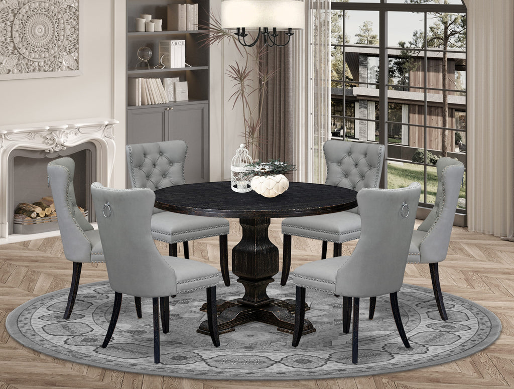 Luxe by East West Furniture I3DA7-411-27 7 Piece Dining Table Set Includes a 48" Round Table with Pedestal and 6 Light Gray Faux Leather Upholstered Chairs, Sand Blasted Black