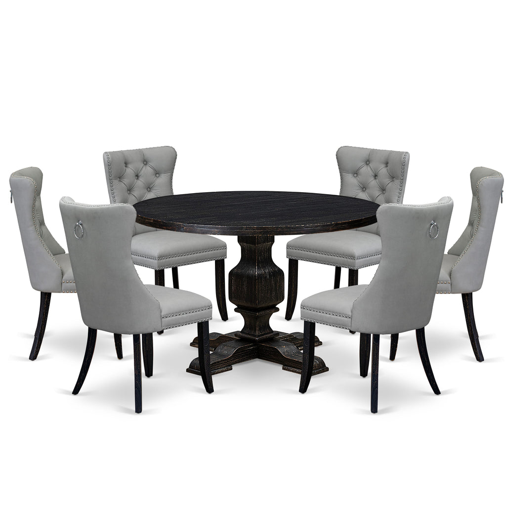 Luxe by East West Furniture I3DA7-411-27 7 Piece Dining Table Set Includes a 48" Round Table with Pedestal and 6 Light Gray Faux Leather Upholstered Chairs, Sand Blasted Black