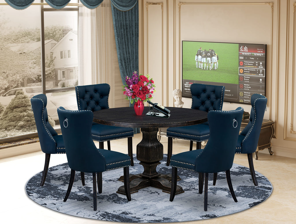 Luxe by East West Furniture I3DA7-411-29 7 Piece Dining Table Set Includes a 48" Round Table with Pedestal and 6 Navy Blue Faux Leather Upholstered Chairs, Sand Blasted Black