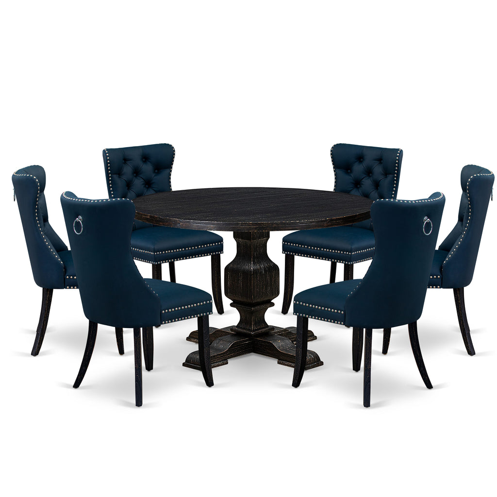 Luxe by East West Furniture I3DA7-411-29 7 Piece Dining Table Set Includes a 48" Round Table with Pedestal and 6 Navy Blue Faux Leather Upholstered Chairs, Sand Blasted Black