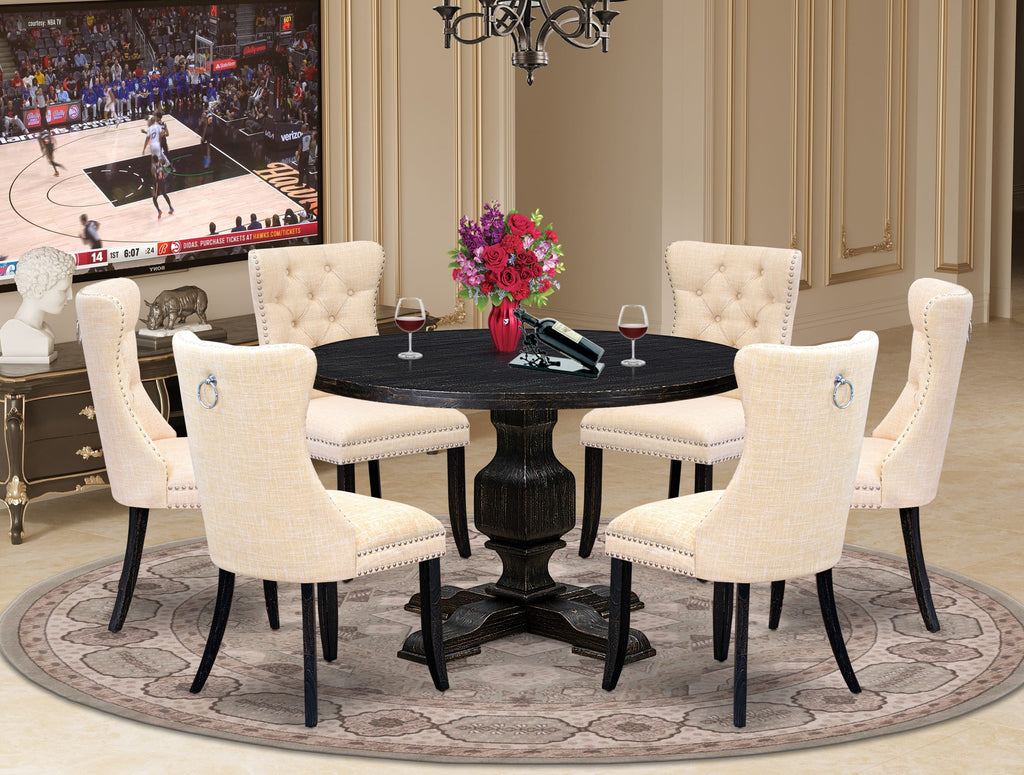 Luxe by East West Furniture I3DA7-411-32 7-piece Kitchen Set consists of a wood table and 6 Light Beige Linen Fabric dinner chairs with Button Tufted Back-Sand Blasted Black
