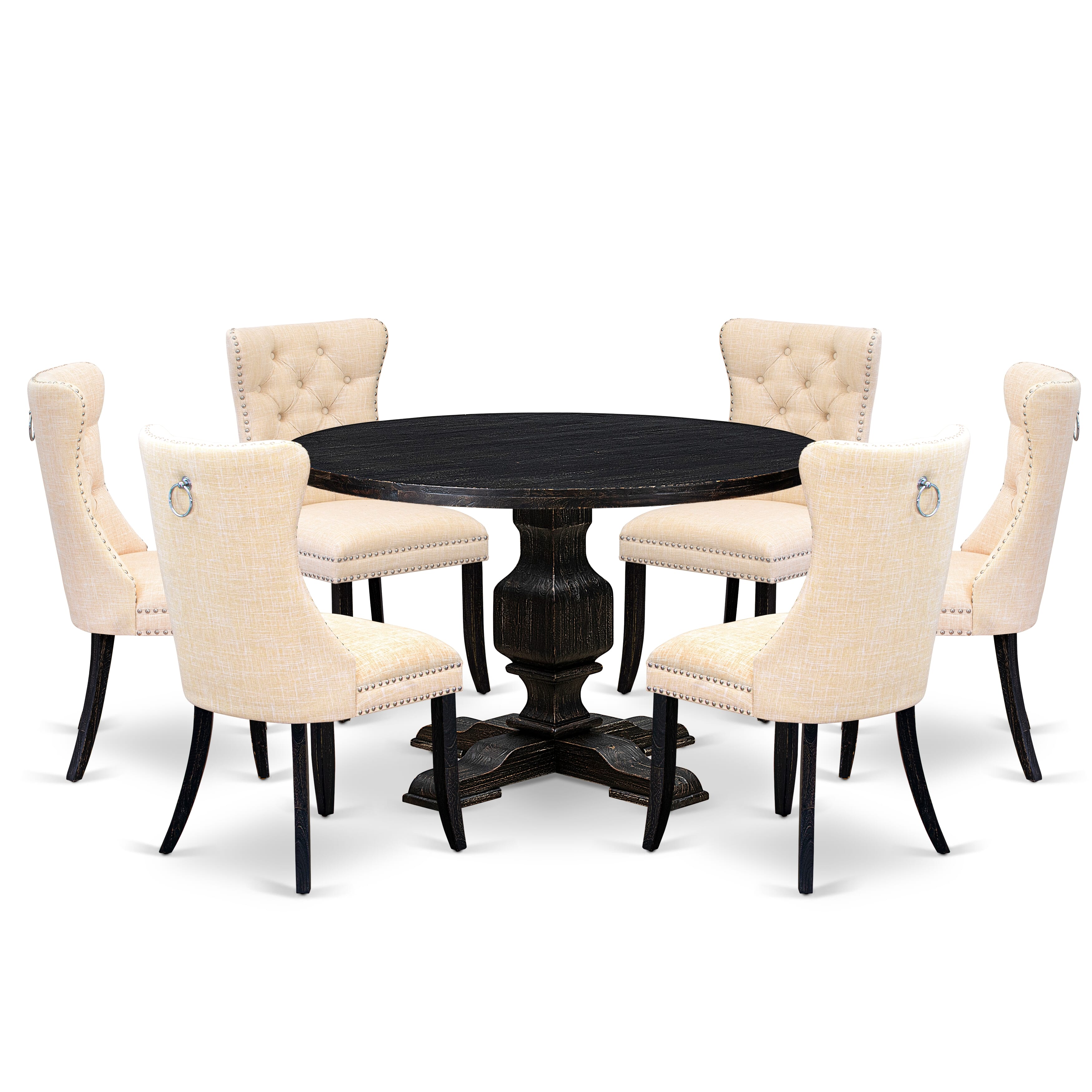 Luxe by East West Furniture I3DA7-411-32 7-piece Kitchen Set consists of a wood table and 6 Light Beige Linen Fabric dinner chairs with Button Tufted Back-Sand Blasted Black