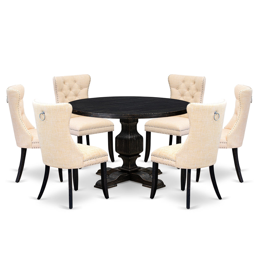 Luxe by East West Furniture I3DA7-411-32 7-piece Kitchen Set consists of a wood table and 6 Light Beige Linen Fabric dinner chairs with Button Tufted Back-Sand Blasted Black