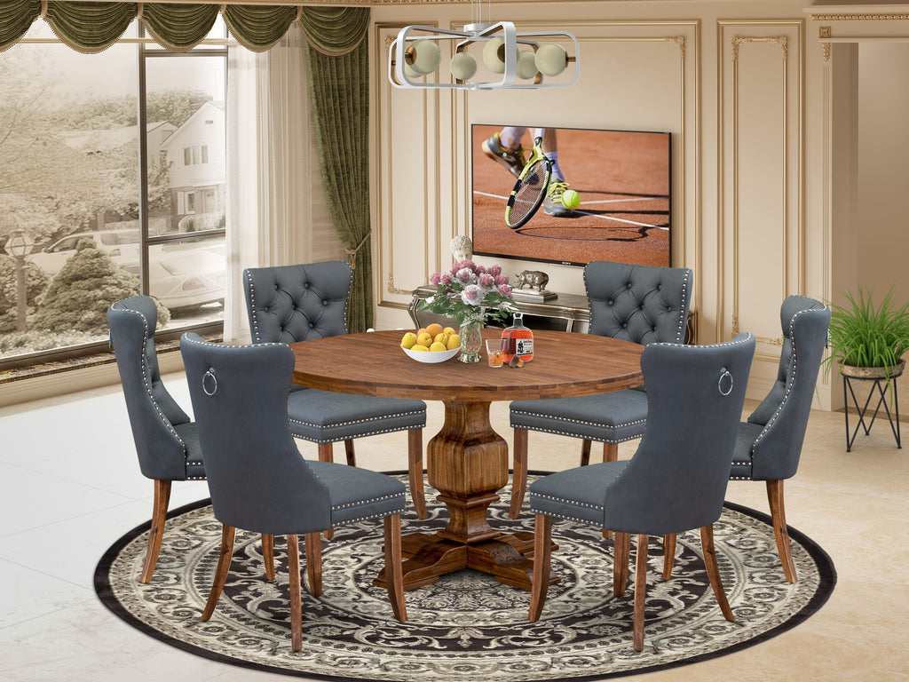 Luxe by East West Furniture I3DA7-50N-13 7-piece Mid-century Dining table set consists of a Kitchen Table and 6 Platinum Gray Faux Leather Dinner Chairs with Button Tufted Back - Antique Walnut Finish