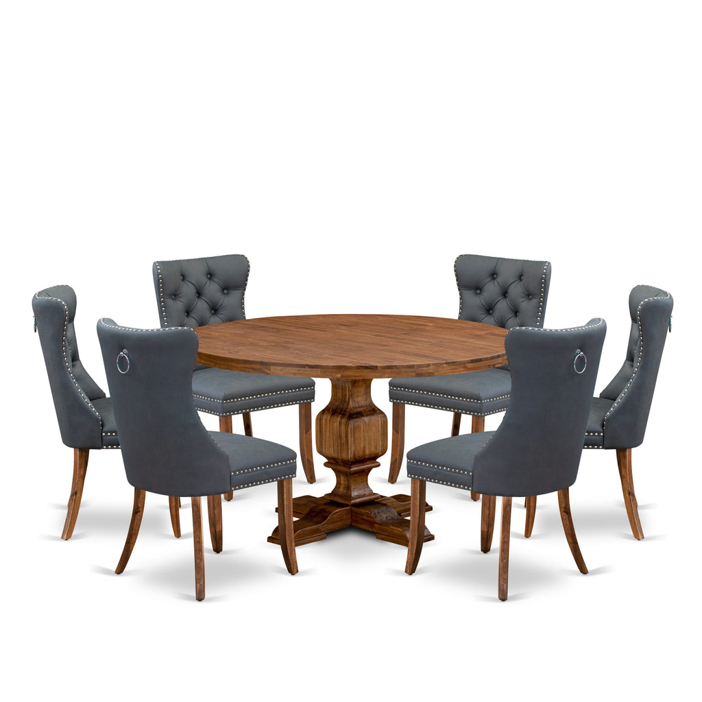 Luxe by East West Furniture I3DA7-50N-13 7-piece Mid-century Dining table set consists of a Kitchen Table and 6 Platinum Gray Faux Leather Dinner Chairs with Button Tufted Back - Antique Walnut Finish