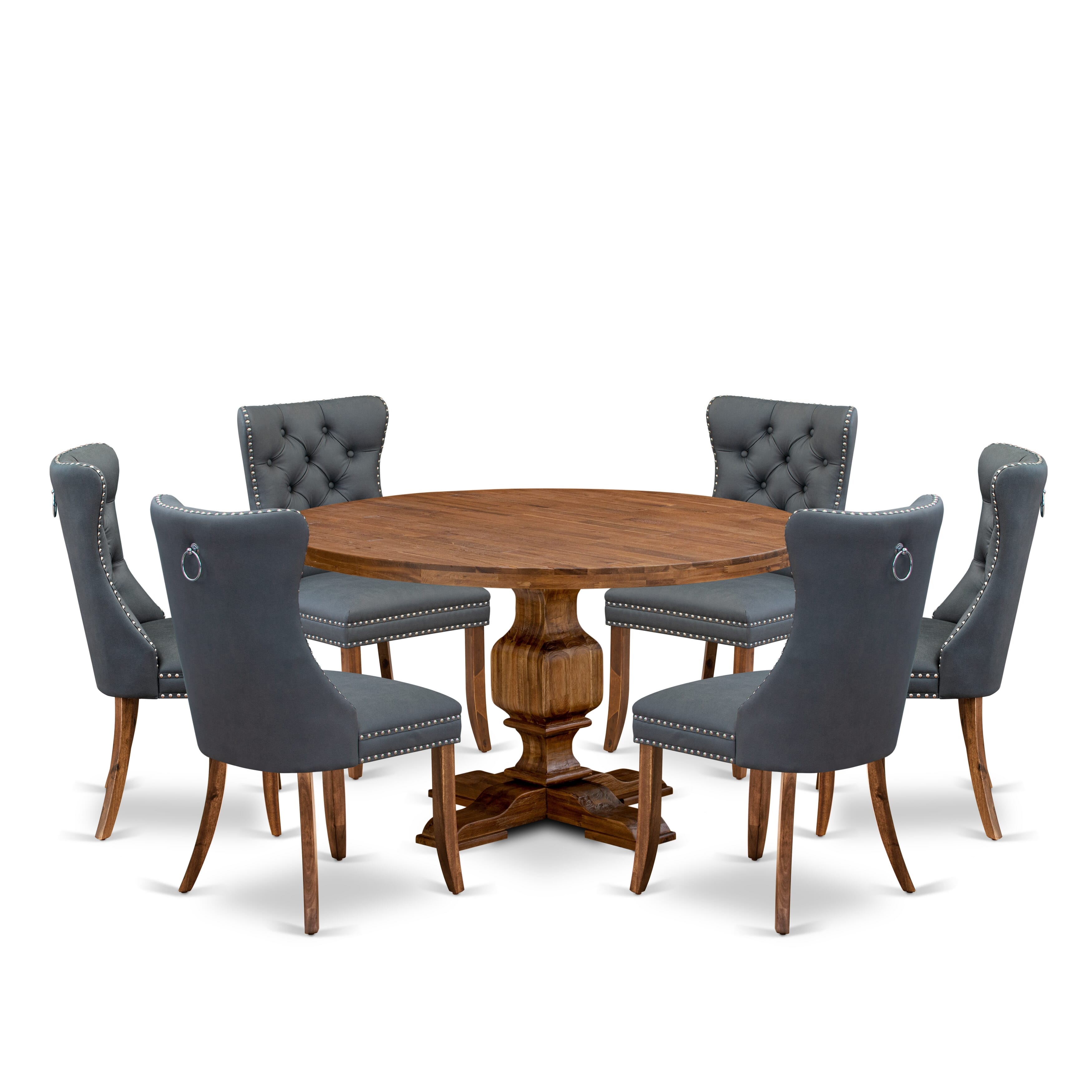 Luxe by East West Furniture I3DA7-50N-13 7-piece Mid-century Dining table set consists of a Kitchen Table and 6 Platinum Gray Faux Leather Dinner Chairs with Button Tufted Back - Antique Walnut Finish