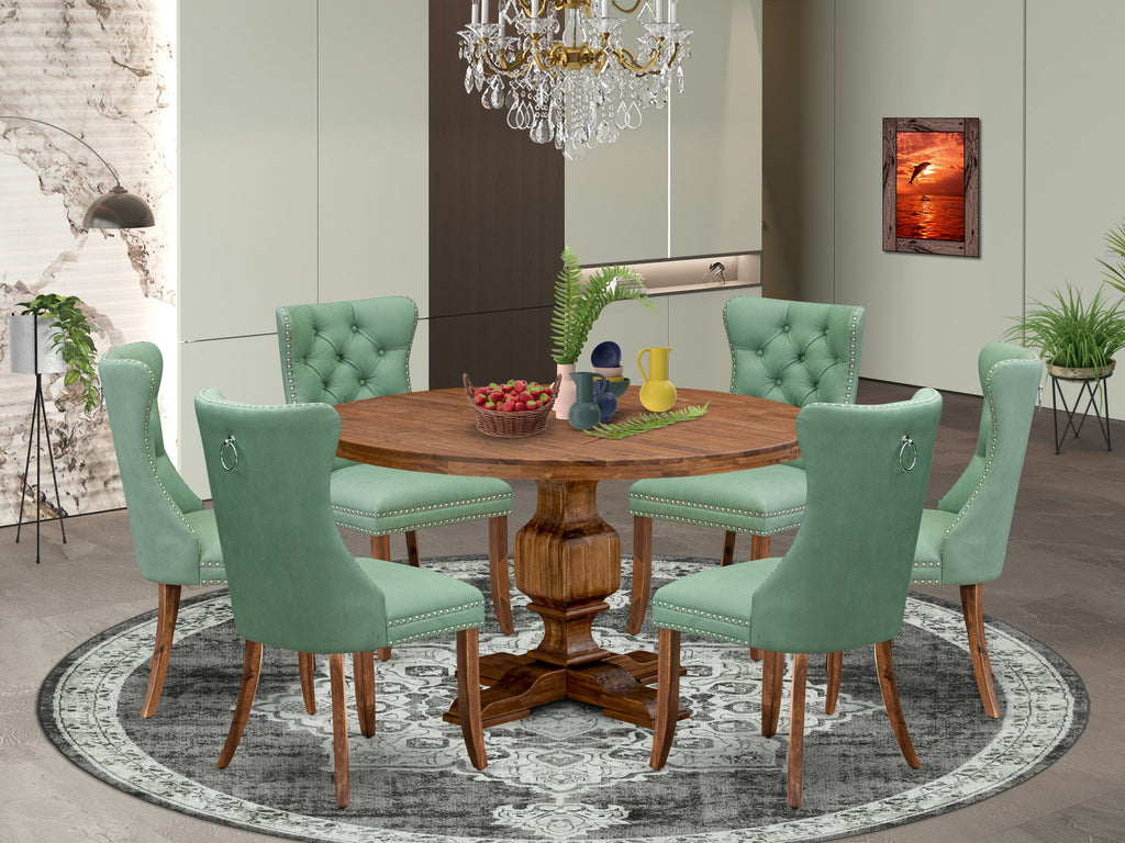 Luxe by East West Furniture I3DA7-50N-22 7-Pc Dining Set Consist a Mid Century Table and 6 Willow Green Faux Leather Upholstered Chairs with Button-Tufted Back, Antique Walnut