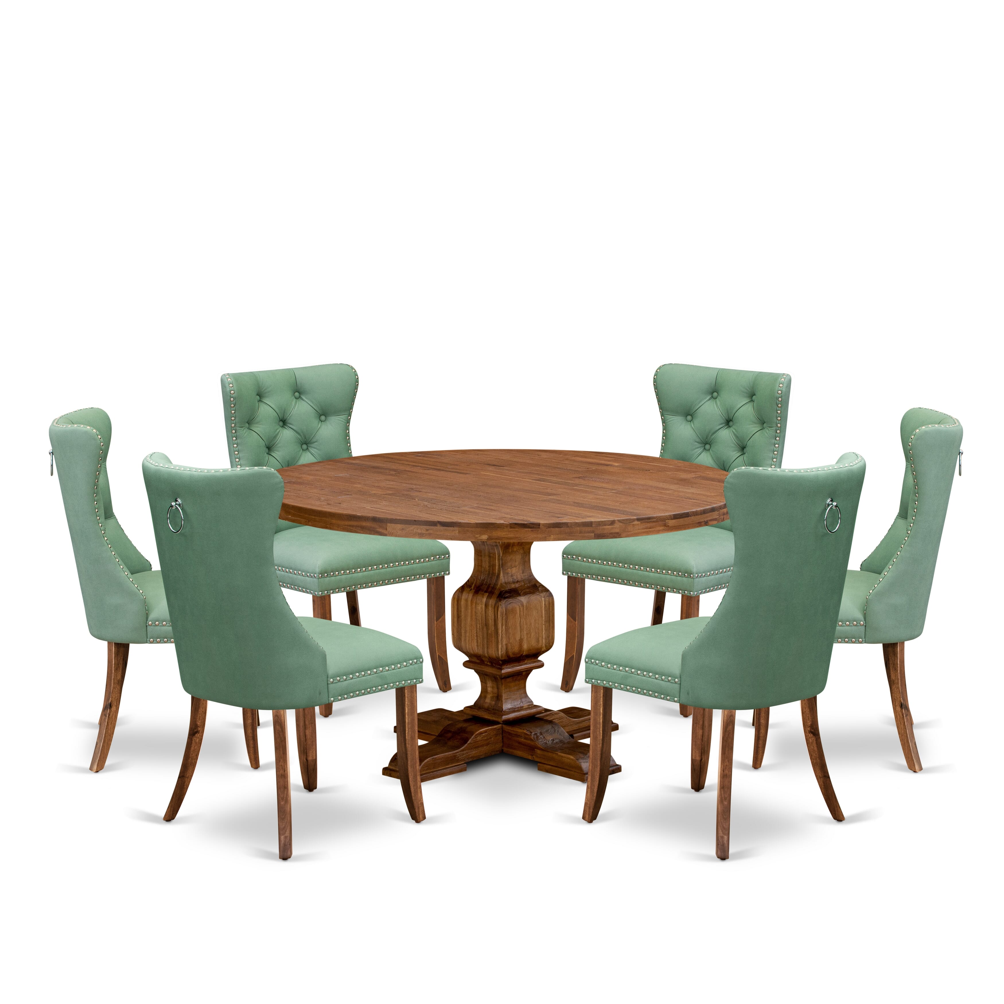 Luxe by East West Furniture I3DA7-50N-22 7-Pc Dining Set Consist a Mid Century Table and 6 Willow Green Faux Leather Upholstered Chairs with Button-Tufted Back, Antique Walnut
