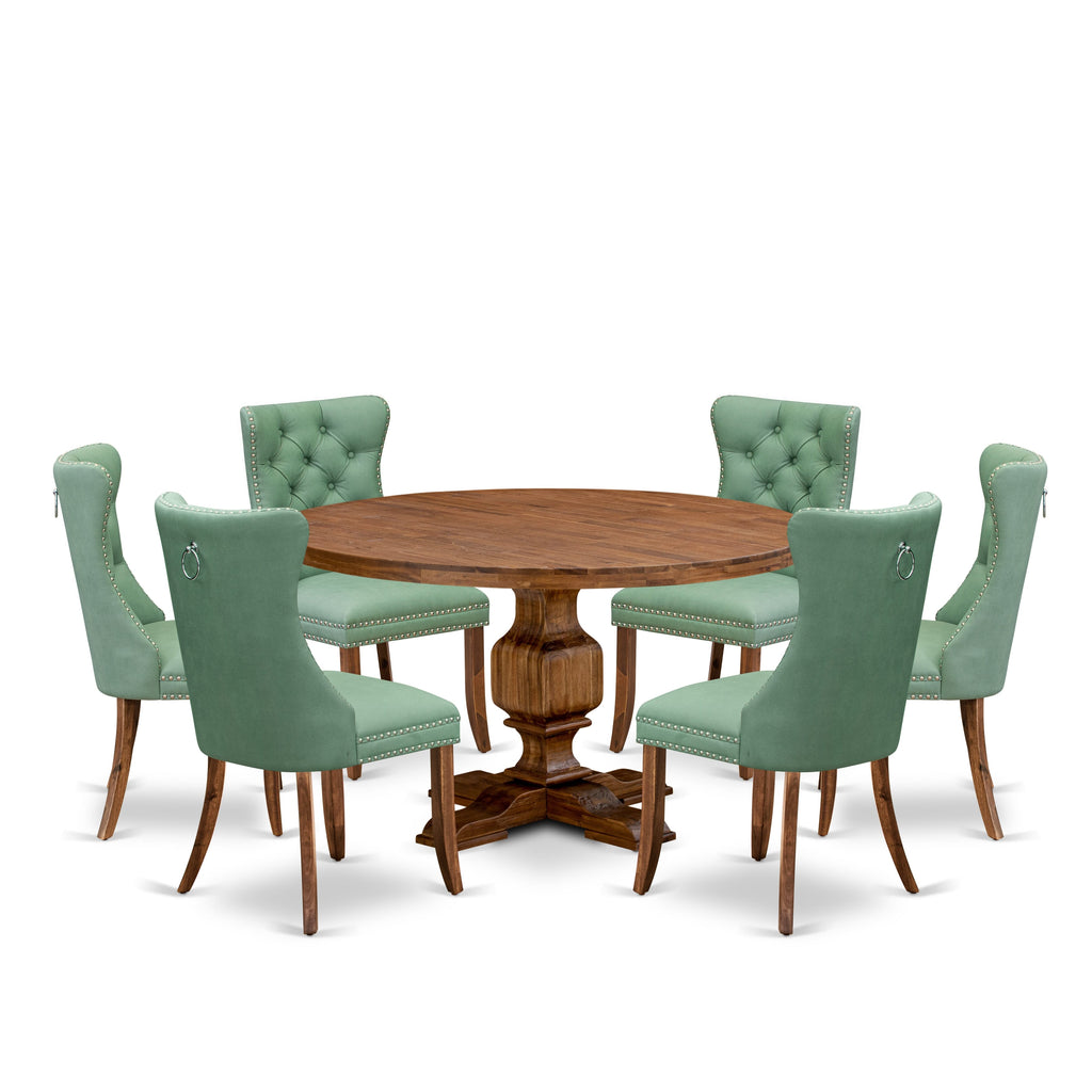 Luxe by East West Furniture I3DA7-50N-22 7-Pc Dining Set Consist a Mid Century Table and 6 Willow Green Faux Leather Upholstered Chairs with Button-Tufted Back, Antique Walnut