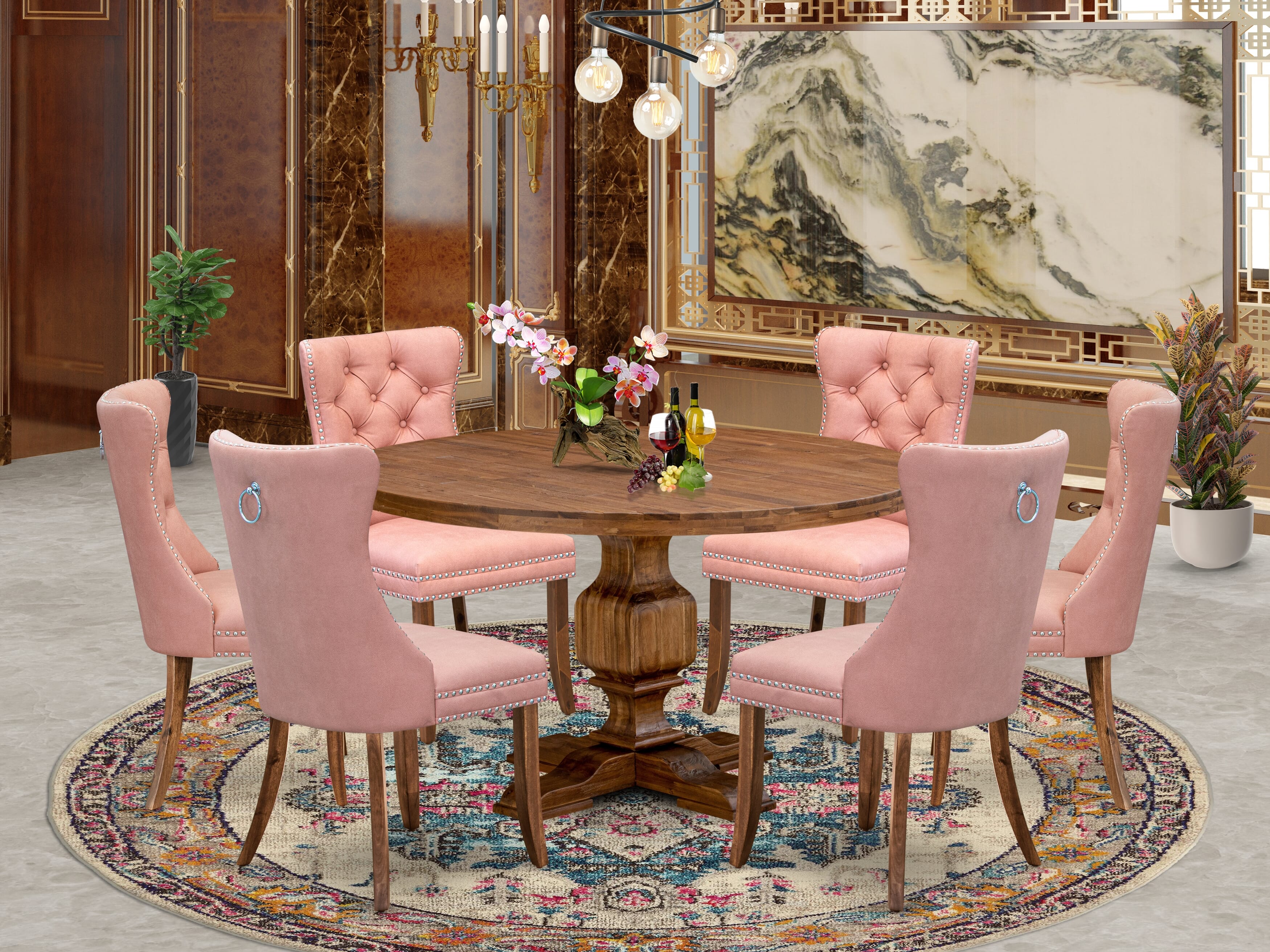 Luxe by East West Furniture I3DA7-50N-23 7-Pc Kitchen Dining Table Set Consist a Mid Century Table and 6 Beige Red Faux Leather Chairs with Button-Tufted Back, Antique Walnut