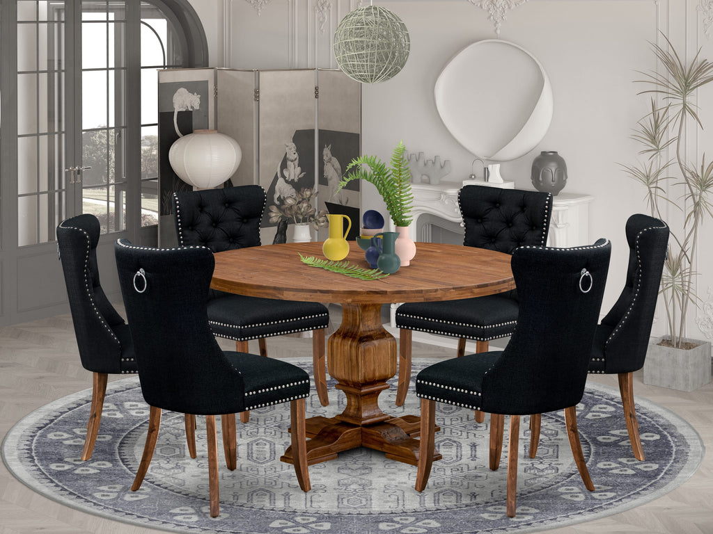 Luxe by East West Furniture I3DA7-50N-24 7-Piece Kitchen Table Set with Linen Fabric 6 Black Kitchen chairs, Button-Tufted Backs, and a 54"Round Table in Antique Walnut Finish.