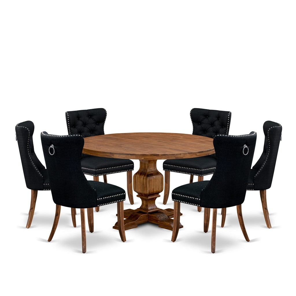 Luxe by East West Furniture I3DA7-50N-24 7-Piece Kitchen Table Set with Linen Fabric 6 Black Kitchen chairs, Button-Tufted Backs, and a 54"Round Table in Antique Walnut Finish.