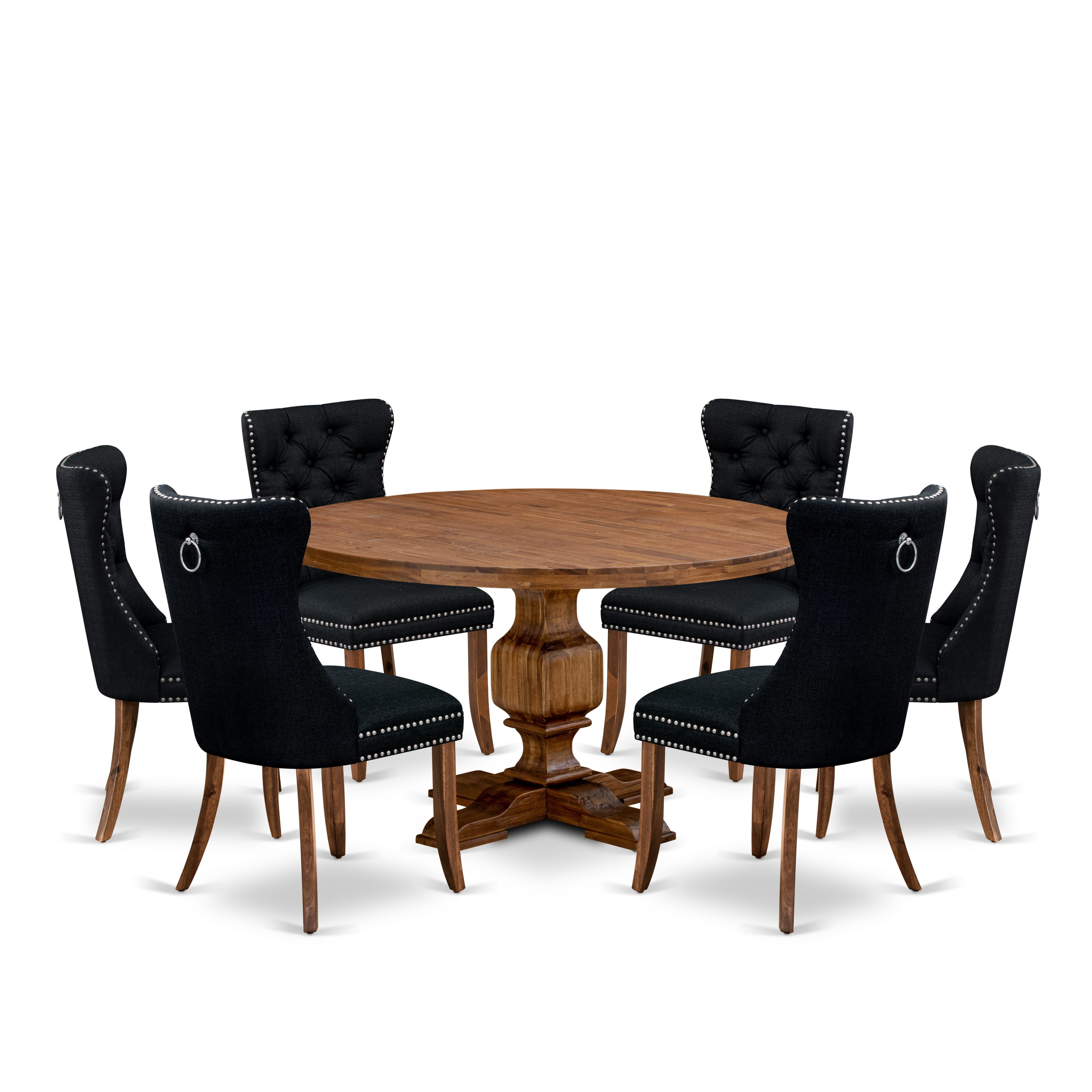 Luxe by East West Furniture I3DA7-50N-24 7-Piece Kitchen Table Set with Linen Fabric 6 Black Kitchen chairs, Button-Tufted Backs, and a 54"Round Table in Antique Walnut Finish.