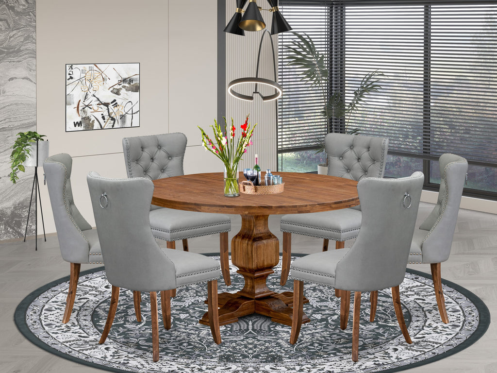 Luxe by East West Furniture I3DA7-50N-27 7-Pc Dining Set Consist a Mid Century Table and 6 Light Gray Faux Leather Upholstered Chairs with Button-Tufted Back, Antique Walnut