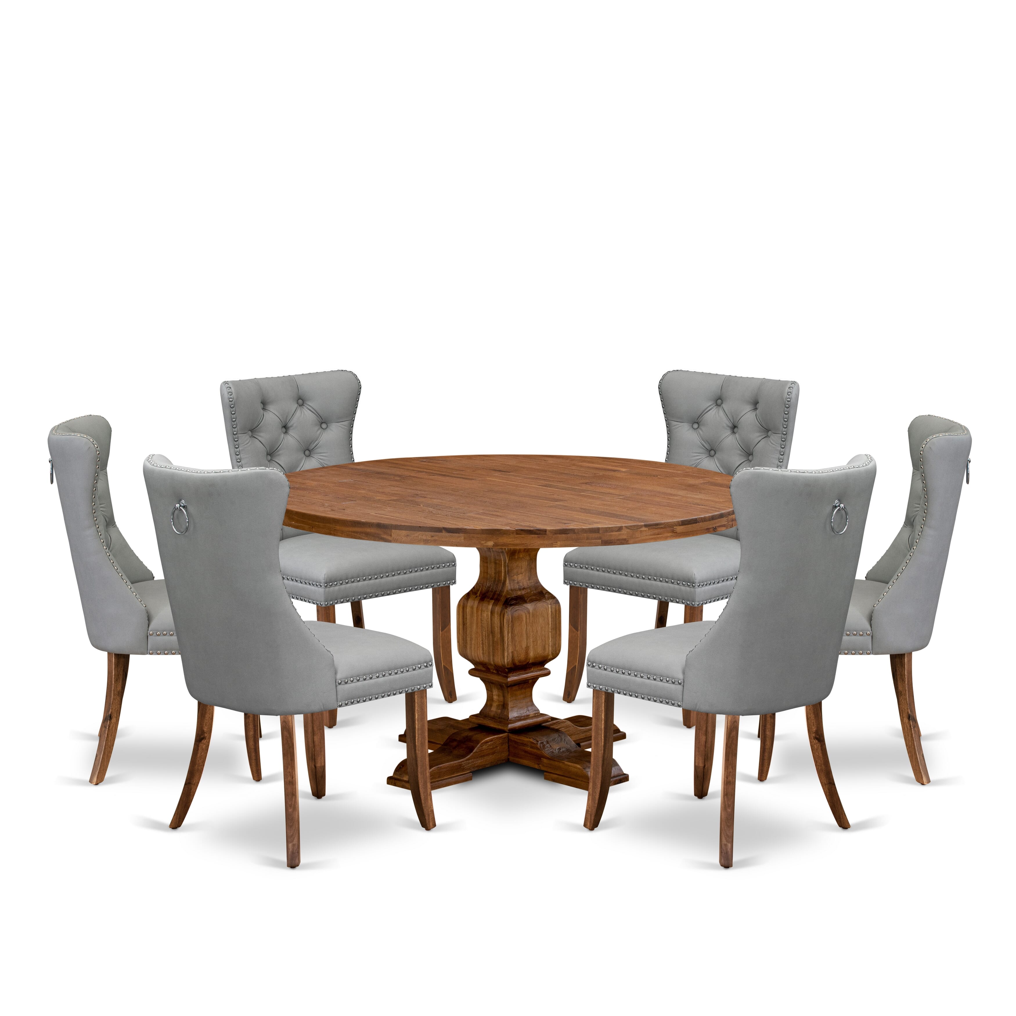 Luxe by East West Furniture I3DA7-50N-27 7-Pc Dining Set Consist a Mid Century Table and 6 Light Gray Faux Leather Upholstered Chairs with Button-Tufted Back, Antique Walnut