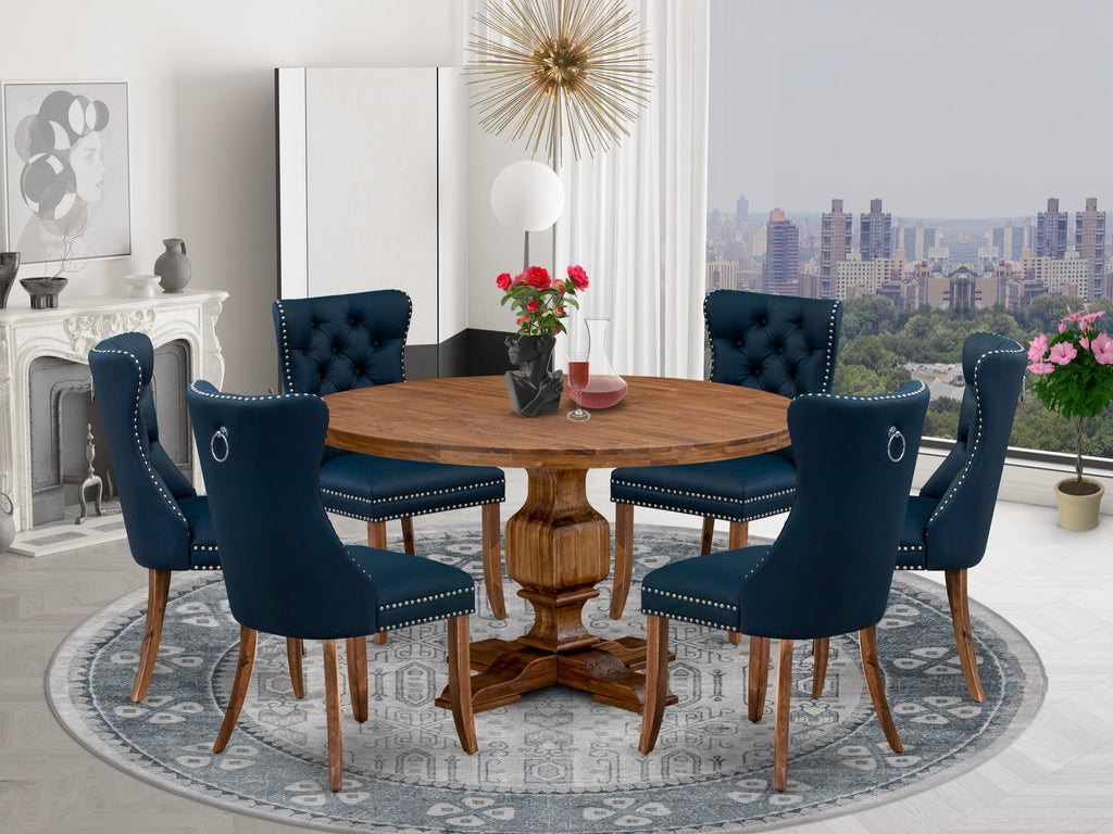 Luxe by East West Furniture I3DA7-50N-29 7-Piece Kitchen Table Set with Faux Leather 6 Navy Blue Parson dining chairs, Button-Tufted Backs, and a 54"Round Table in Antique Walnut Finish.