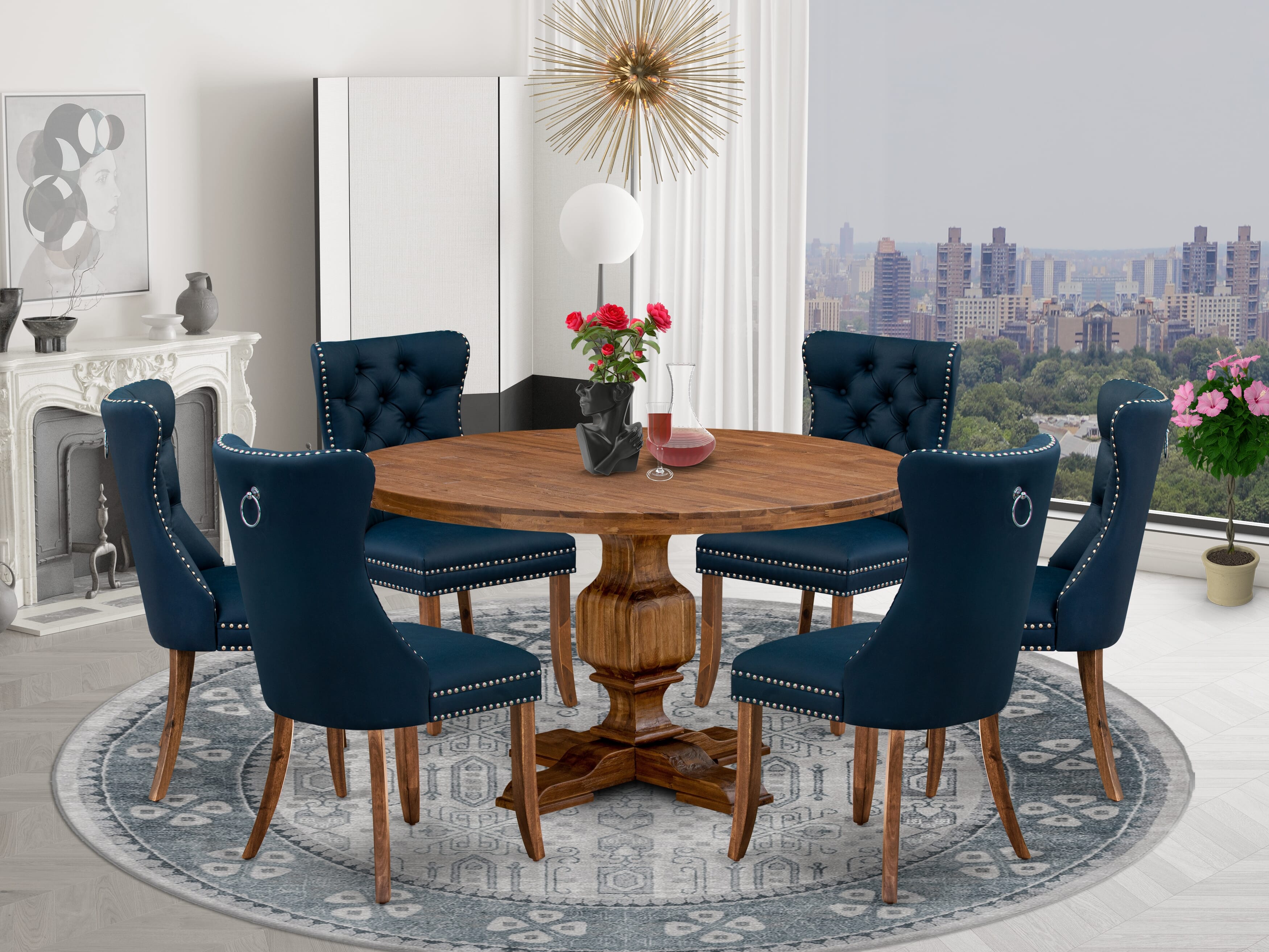 Luxe by East West Furniture I3DA7-50N-29 7-Piece Kitchen Table Set with Faux Leather 6 Navy Blue Parson dining chairs, Button-Tufted Backs, and a 54"Round Table in Antique Walnut Finish.