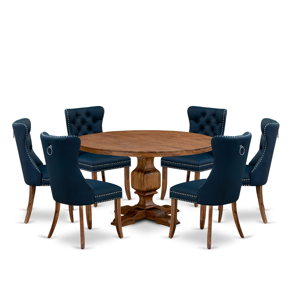Luxe by East West Furniture I3DA7-50N-29 7-Piece Kitchen Table Set with Faux Leather 6 Navy Blue Parson dining chairs, Button-Tufted Backs, and a 54"Round Table in Antique Walnut Finish.