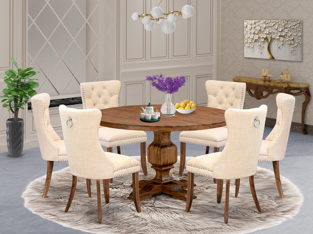 Luxe by East West Furniture I3DA7-50N-32 7-Piece Kitchen Table Set with Linen Fabric 6 Light Beige Padded chairs, Button-Tufted Backs, and a 54"Round Kitchen Table in Antique Walnut Finish.