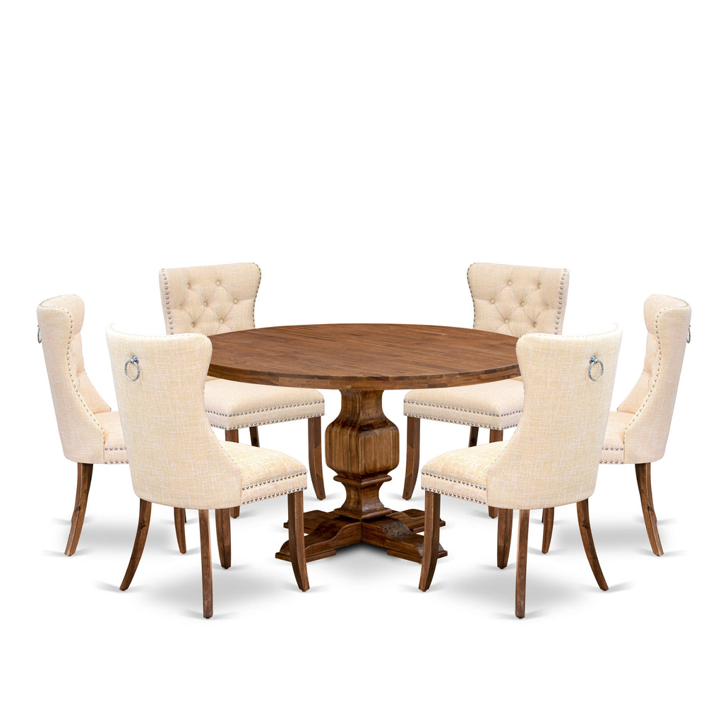 Luxe by East West Furniture I3DA7-50N-32 7-Piece Kitchen Table Set with Linen Fabric 6 Light Beige Padded chairs, Button-Tufted Backs, and a 54"Round Kitchen Table in Antique Walnut Finish.