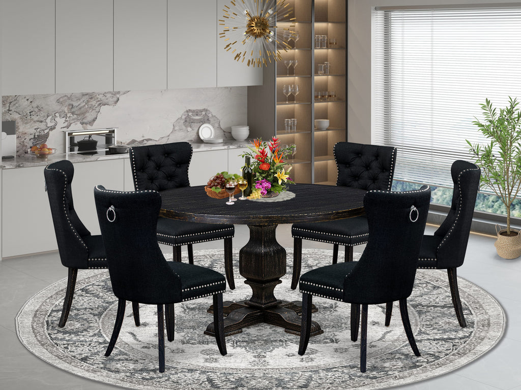 Luxe by East West Furniture I3DA7-511-24 7 Piece Kitchen Table Set Consists of a 54" Round Table with Pedestal and 6 Black Linen Fabric Upholstered Chairs, Sand Blasted Black