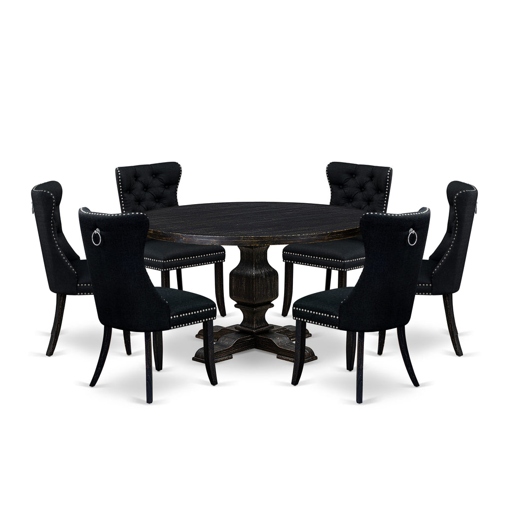 Luxe by East West Furniture I3DA7-511-24 7 Piece Kitchen Table Set Consists of a 54" Round Table with Pedestal and 6 Black Linen Fabric Upholstered Chairs, Sand Blasted Black