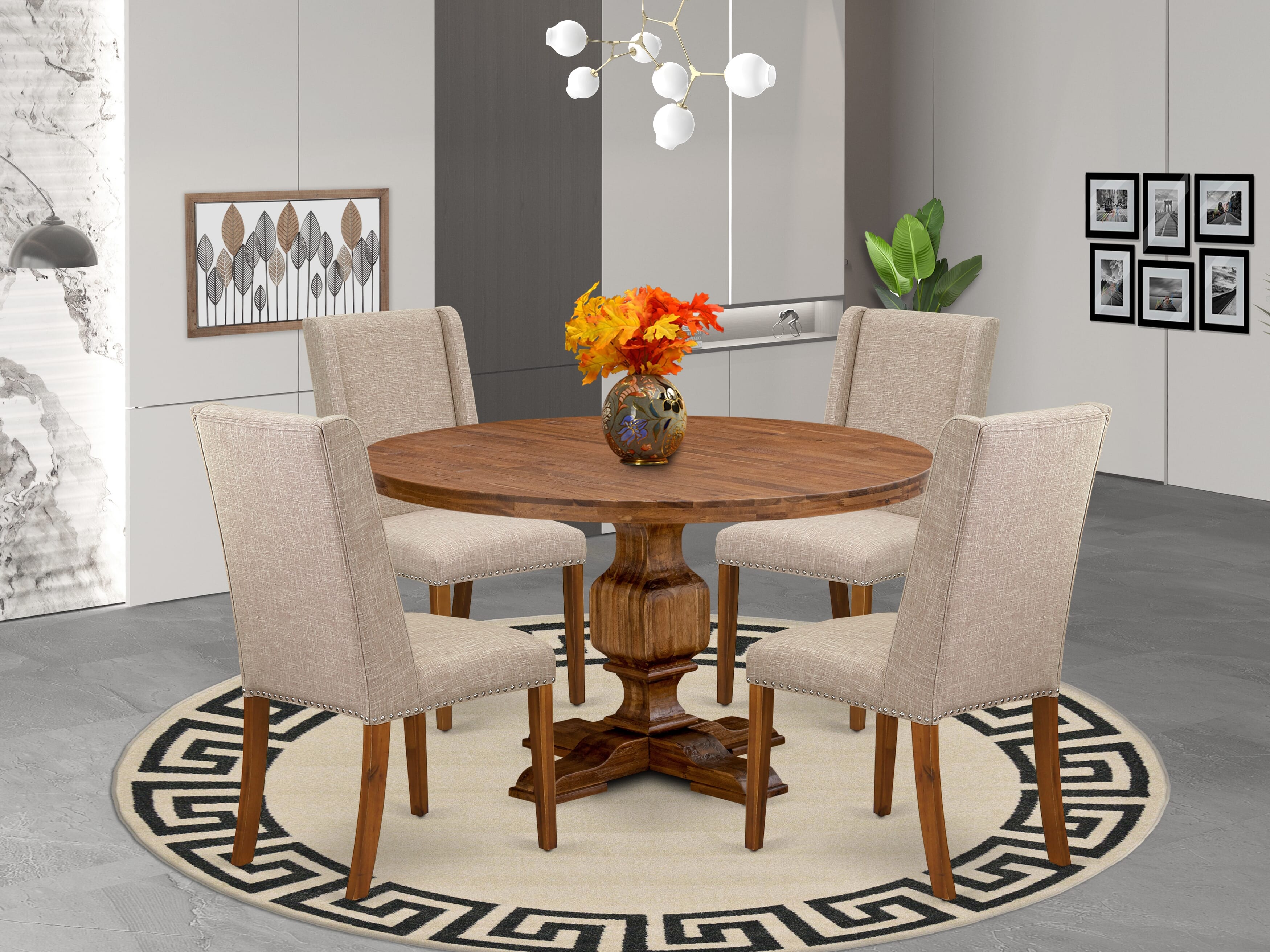 Luxe by East West Furniture I3FL5-50N-04 5-piece Dining Table Set included a dining table and 4 Light Tan Linen Fabric dining room chair with Padded Back - Antique Walnut