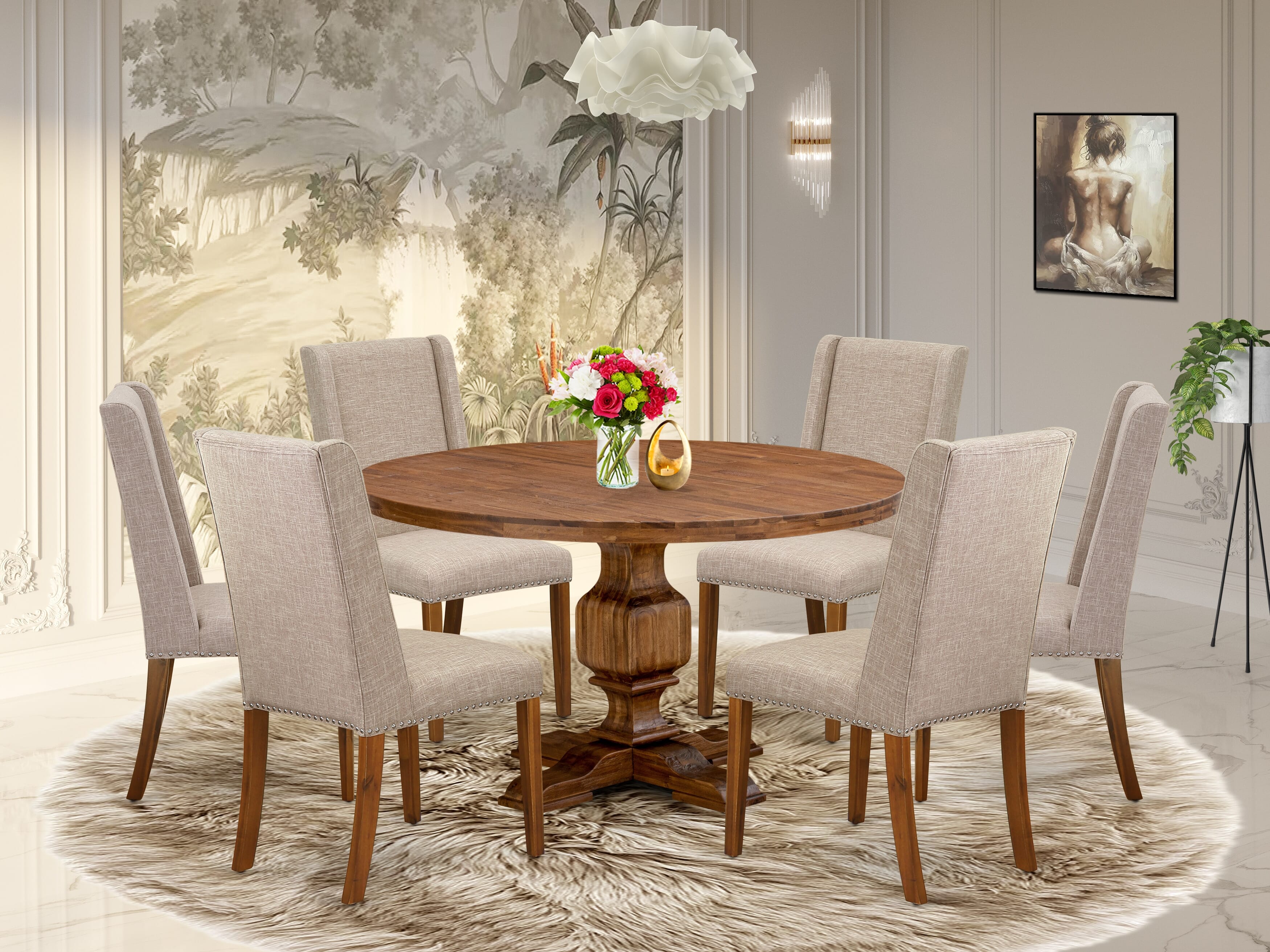 Luxe by East West Furniture I3FL7-50N-04 7-piece Modern Dining Set consists of a kitchen table and 6 Light Tan Linen Fabric upholstered chair with Padded Back - Antique Walnut