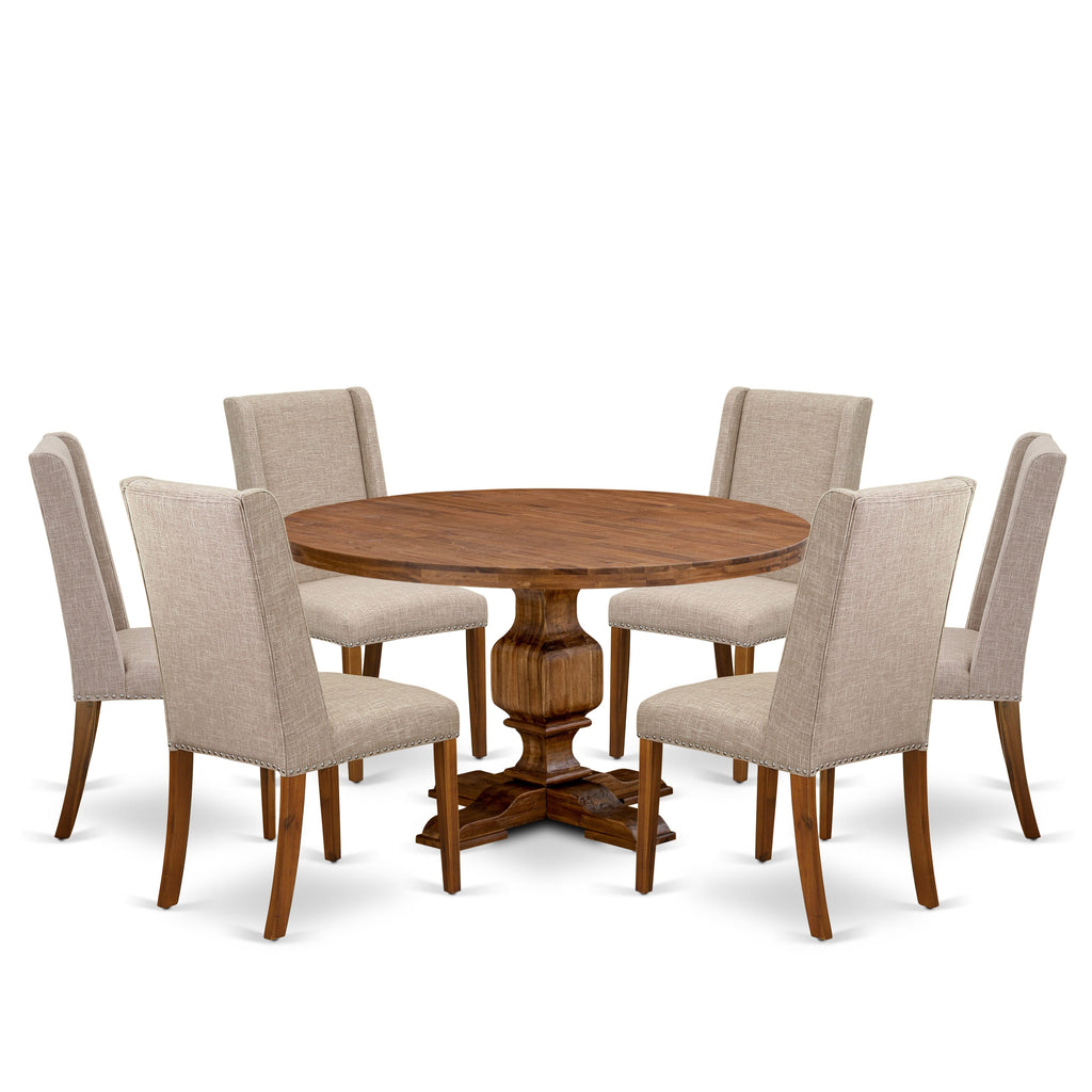 Luxe by East West Furniture I3FL7-50N-04 7-piece Modern Dining Set consists of a kitchen table and 6 Light Tan Linen Fabric upholstered chair with Padded Back - Antique Walnut