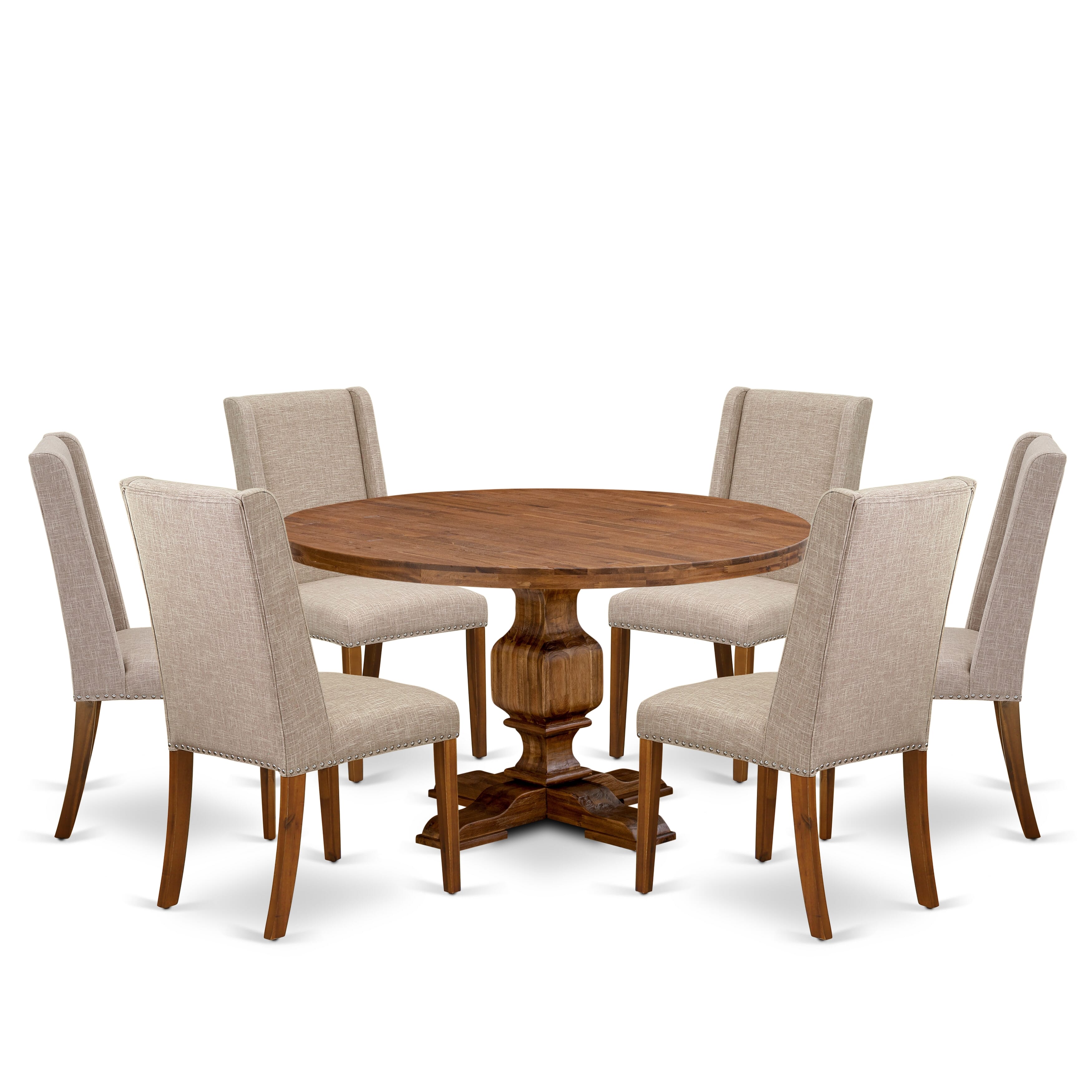 Luxe by East West Furniture I3FL7-50N-04 7-piece Modern Dining Set consists of a kitchen table and 6 Light Tan Linen Fabric upholstered chair with Padded Back - Antique Walnut