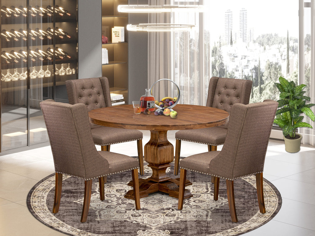 Luxe by East West Furniture - I3FO5-50N-18 - 5-Pc Mid Century Dining Set Consist of A Mid Century Table and 4 Brown Linen Fabric Chairs with Button Tufted Back, Antique Walnut