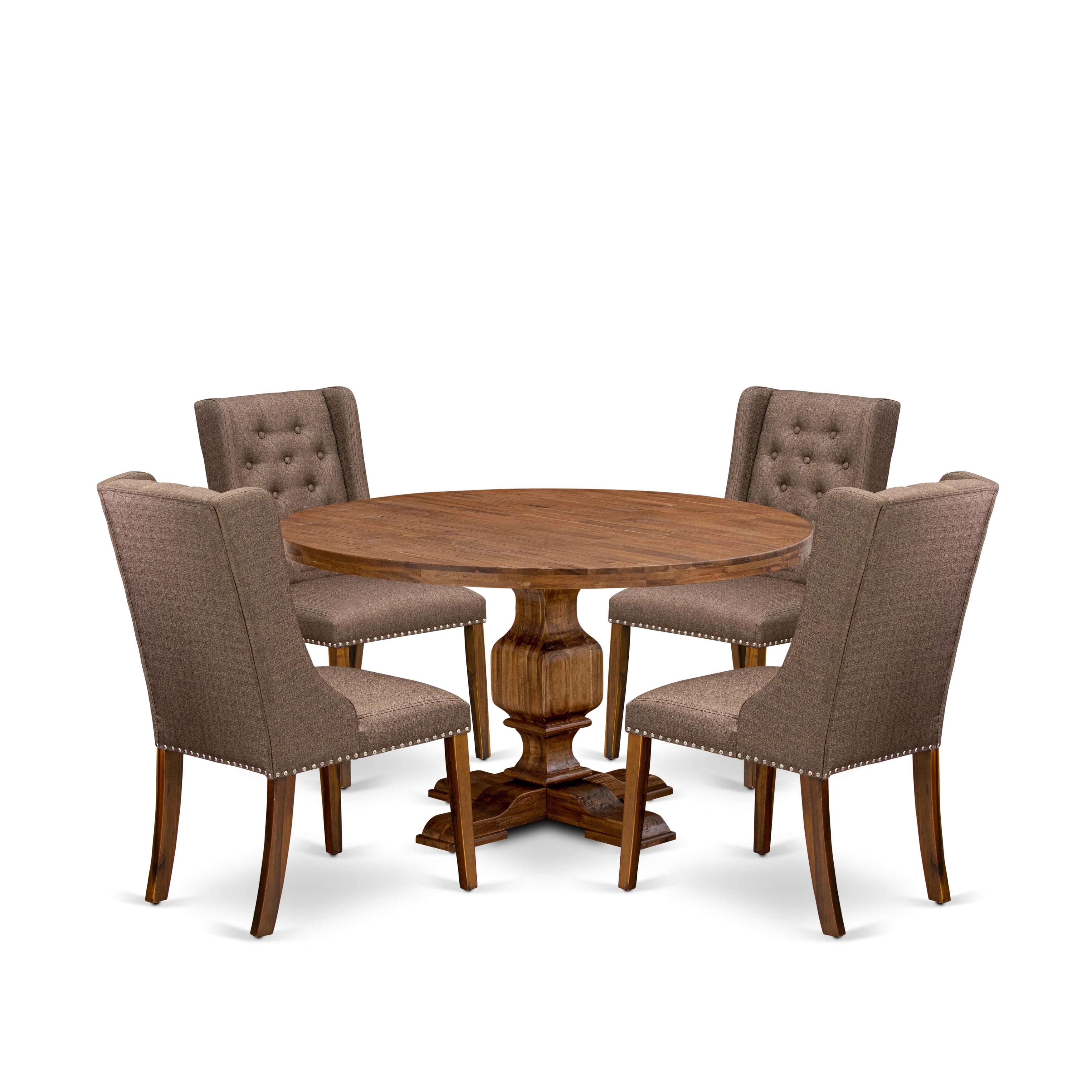 Luxe by East West Furniture - I3FO5-50N-18 - 5-Pc Mid Century Dining Set Consist of A Mid Century Table and 4 Brown Linen Fabric Chairs with Button Tufted Back, Antique Walnut
