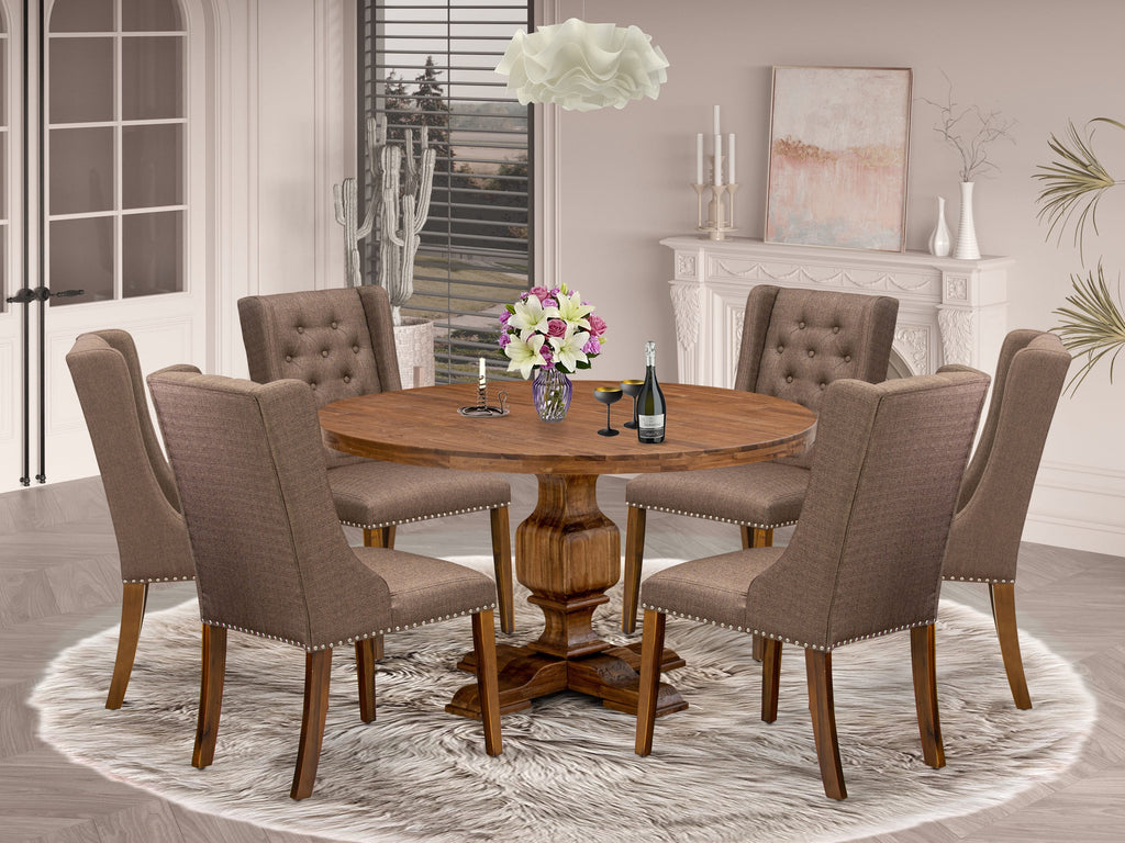 Luxe by East West Furniture - I3FO7-50N-18 - 7-Piece Dining Set Includes A Wooden Kitchen Table and 6 Brown Linen Fabric Dining Chairs with Button Tufted Back, Antique Walnut